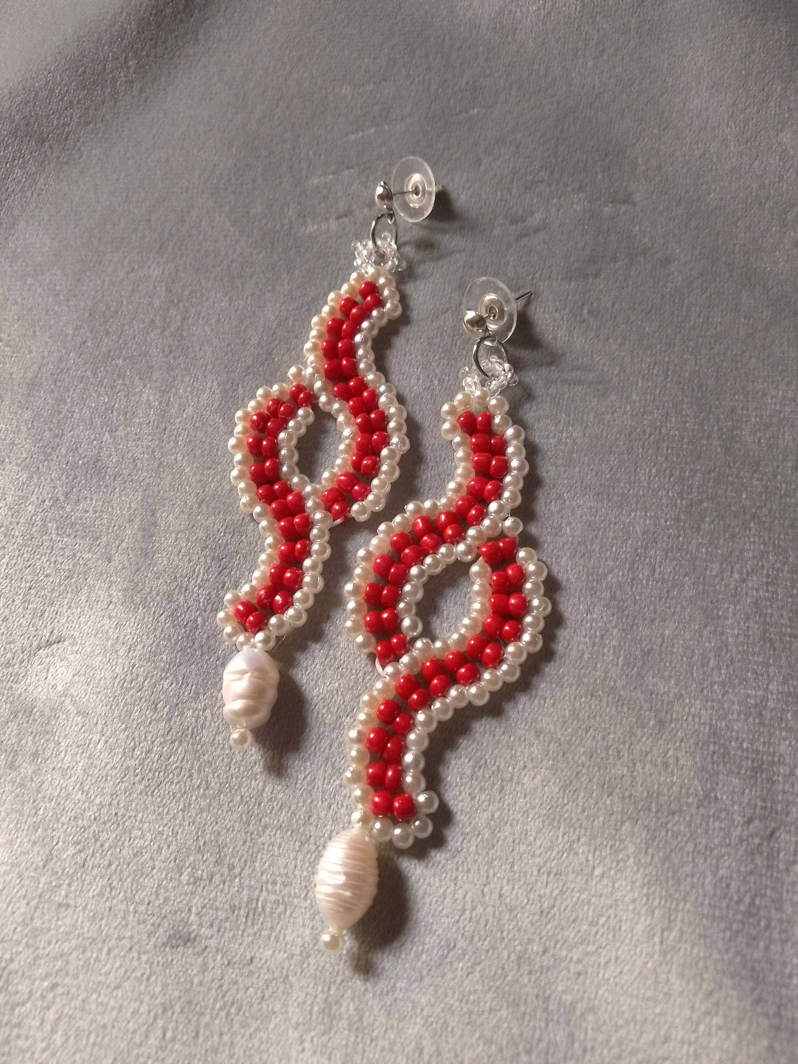 Handmade Long earrings red beaded with Freshwater pearls dangling Size ONE SIZE - 1 Thumbnail