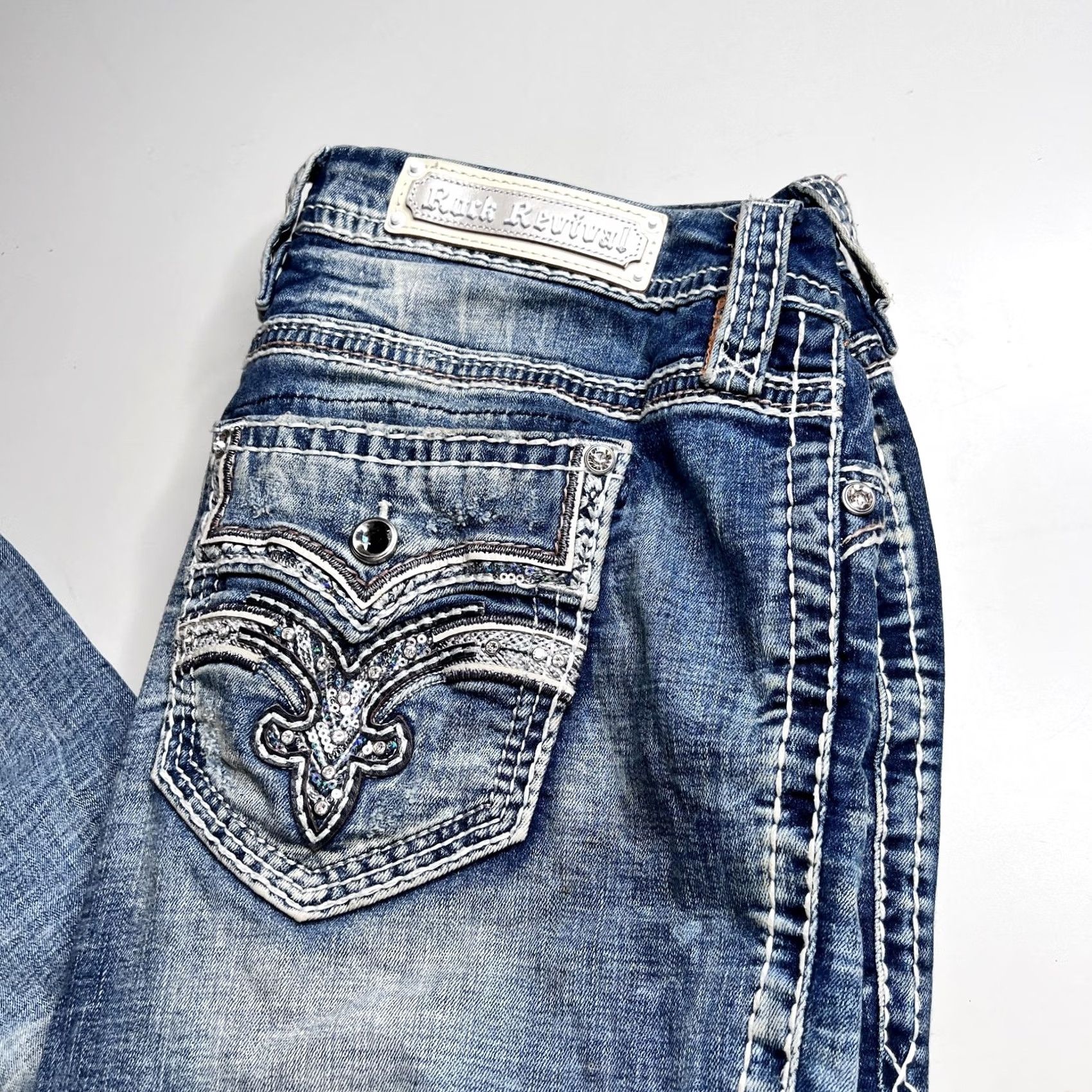 Vintage Rock Revival Jeans Mens 36x32 Blue Vien Easy Straight Rhinestone Pockets Denim Size US 34 / EU 50 - 2 Thumbnail