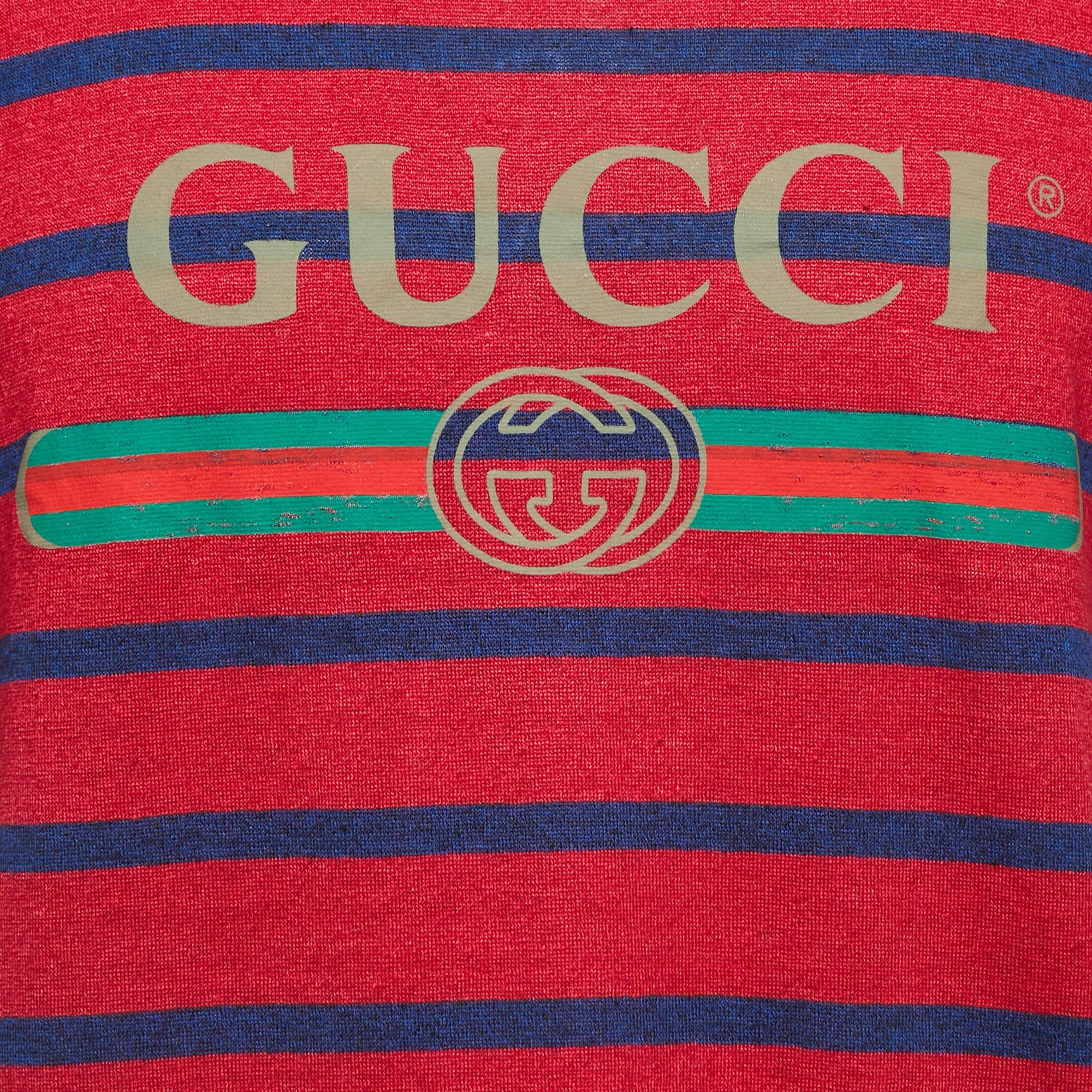 Gucci Gucci Red/Blue Striped Vintage Logo Linen Blend T-Shirt Size US S / EU 44-46 / 1 - 4 Thumbnail