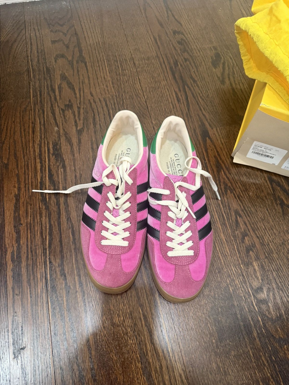 adidas gazelle silver green womens Adidas x Gucci Gazelle Sneaker in Pink Suede with Black Stripes and Gr –  Hollo Shoe