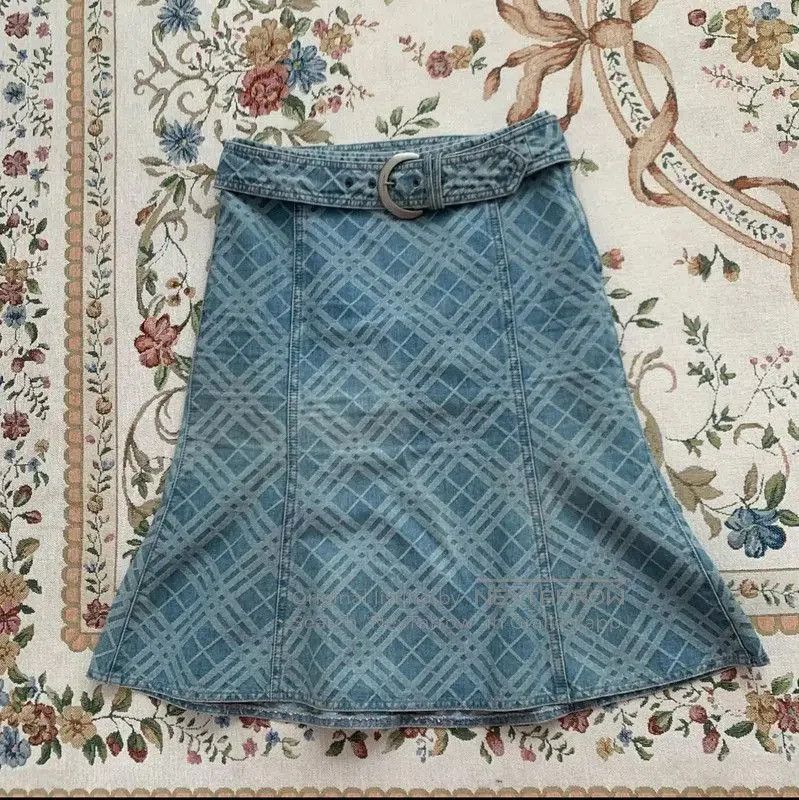 Burberry Light Blue Cotton Check Skirt.