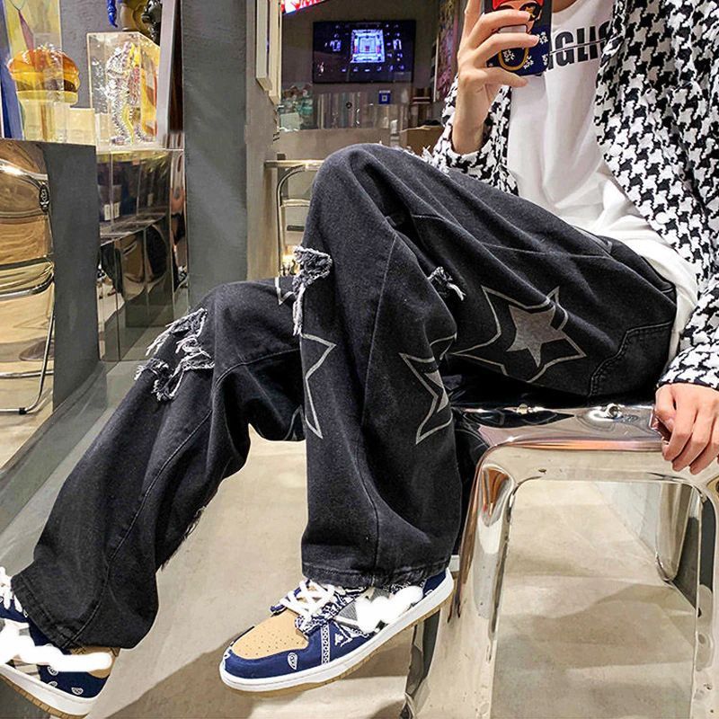 image of Emo Men's Fashion Streetwear Vintage Low Rise Baggy Jeans in Black (Size 26)