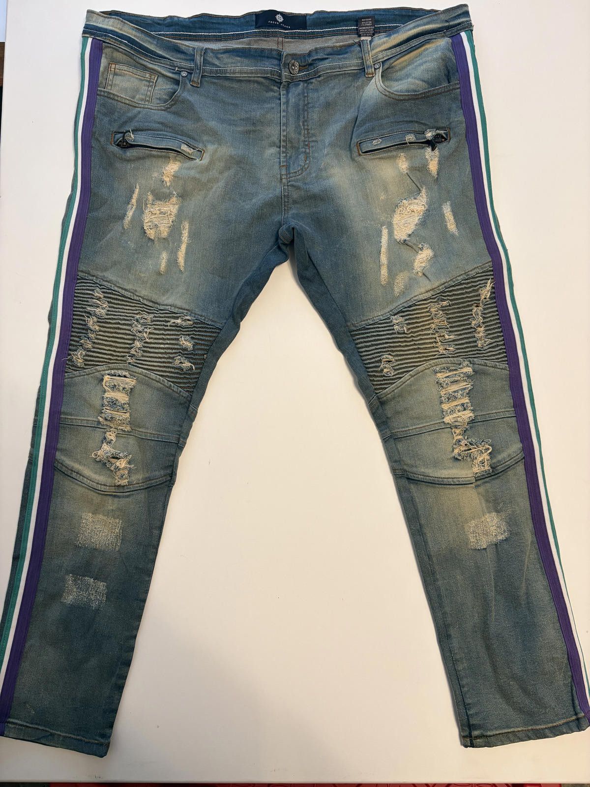 Fotus Focus Men's Moto Biker Side Stripes Jeans (Size 44x32) Size US 44 / EU 60 - 1 Thumbnail