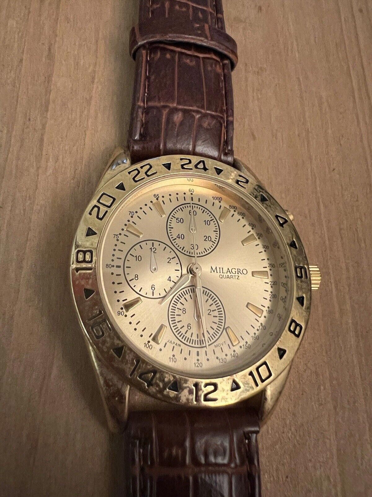 Designer Milagro Watch Men Gold Tone Brown Faux Leather New Battery Size ONE SIZE - 2 Thumbnail
