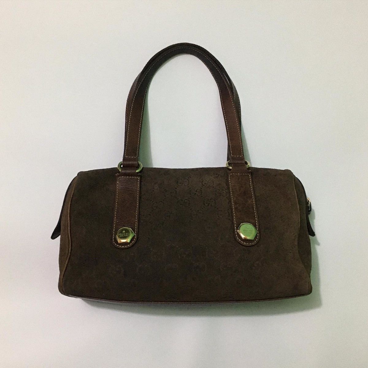 image of Gucci Charmy Boston Bag Brown GG Suede And Leather, Women's