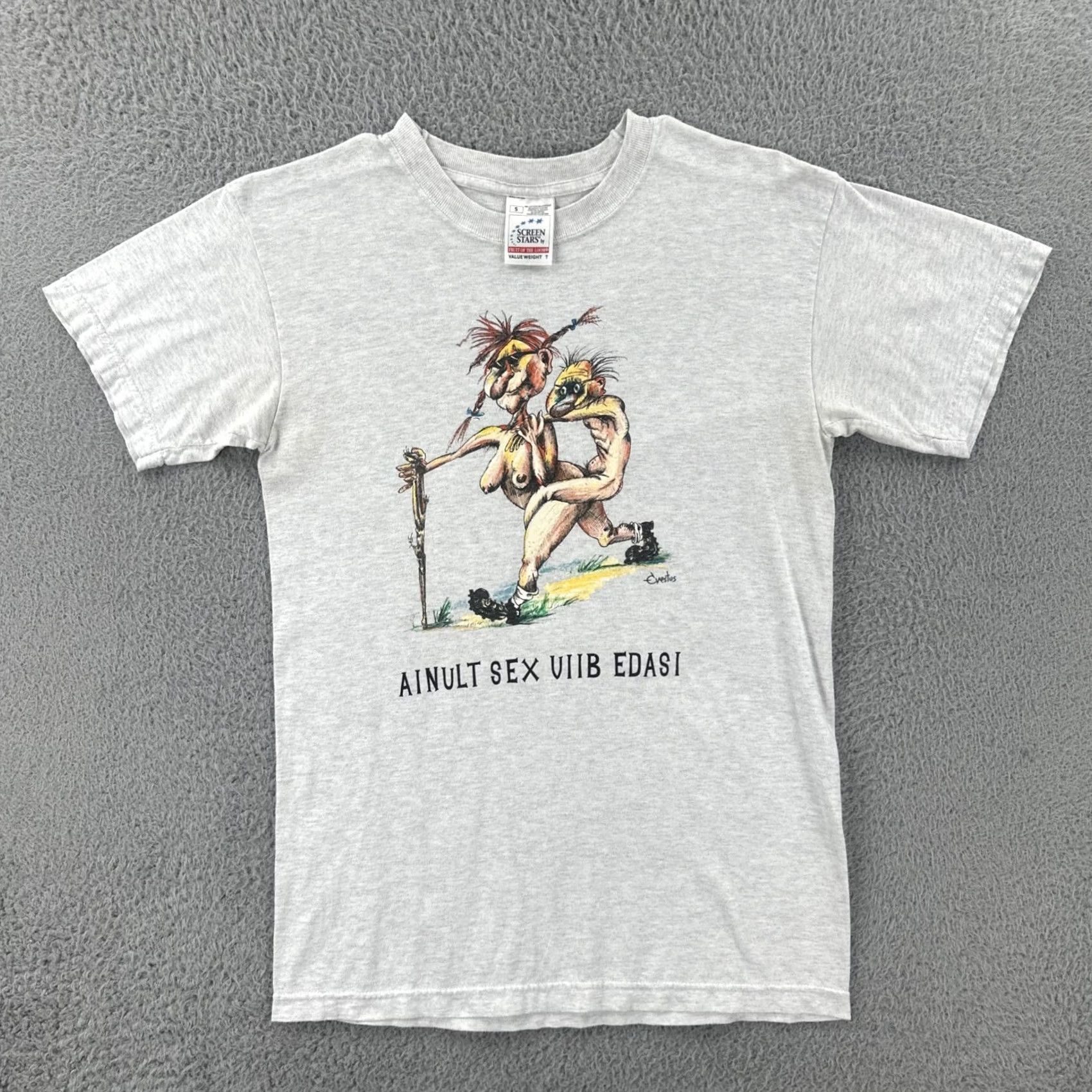 Fruit Of The Loom VINTAGE Screen Stars By Fruit Of The Loom S Gray Shirt 90s Estonian Funny Sex Tee Size US S / EU 44-46 / 1 - 2 Thumbnail