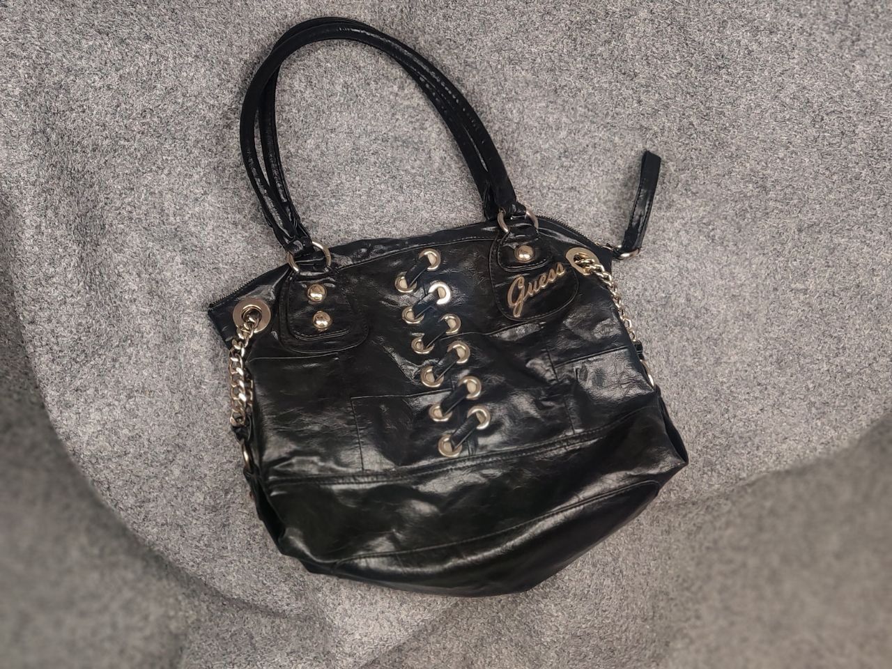Vintage Guess Black Leather Bag Y2K Shoulder Handbag Grunge