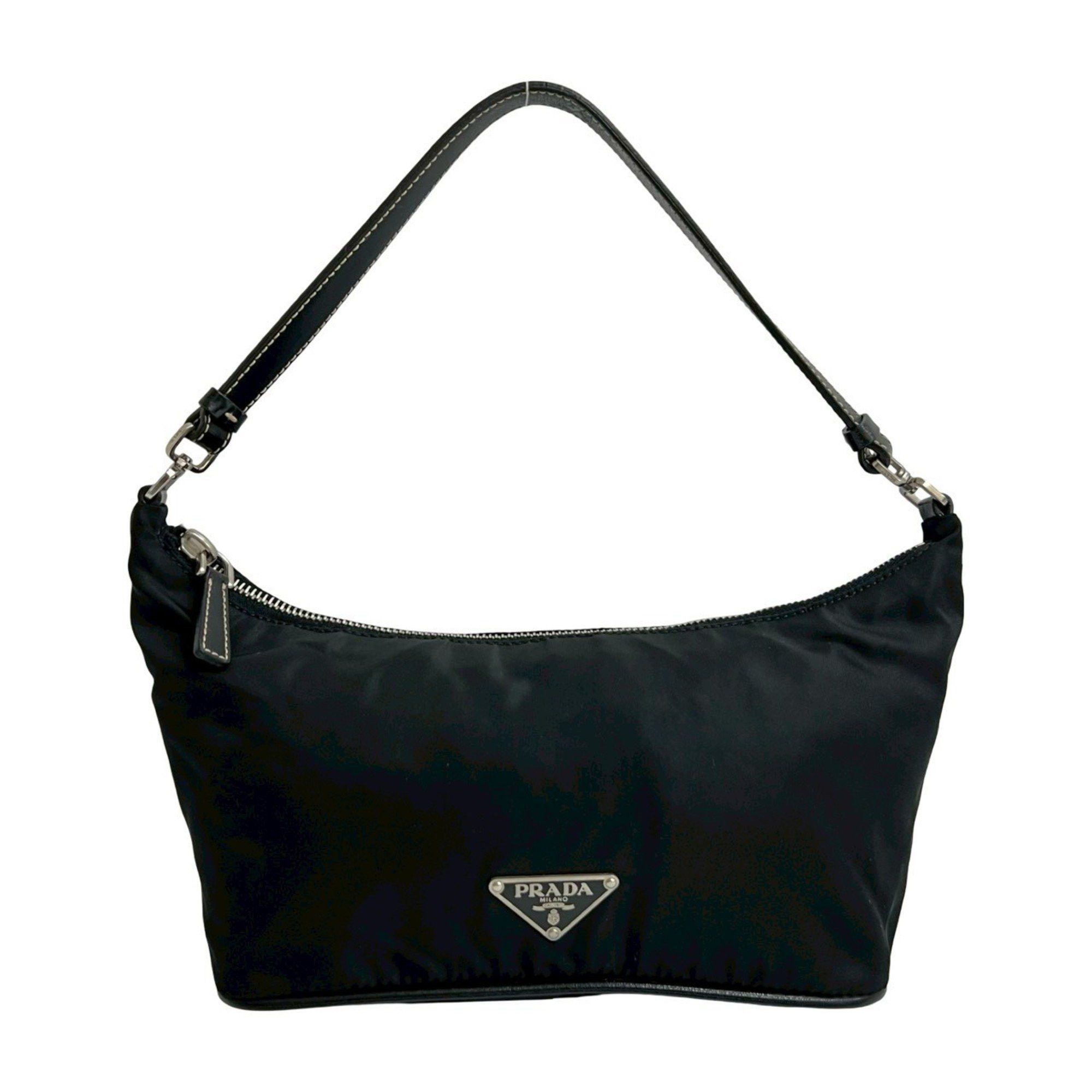 PRADA Triangle Logo Tessuto Nylon and Leather Handbag/Semi-Shoulder Bag Black 95656