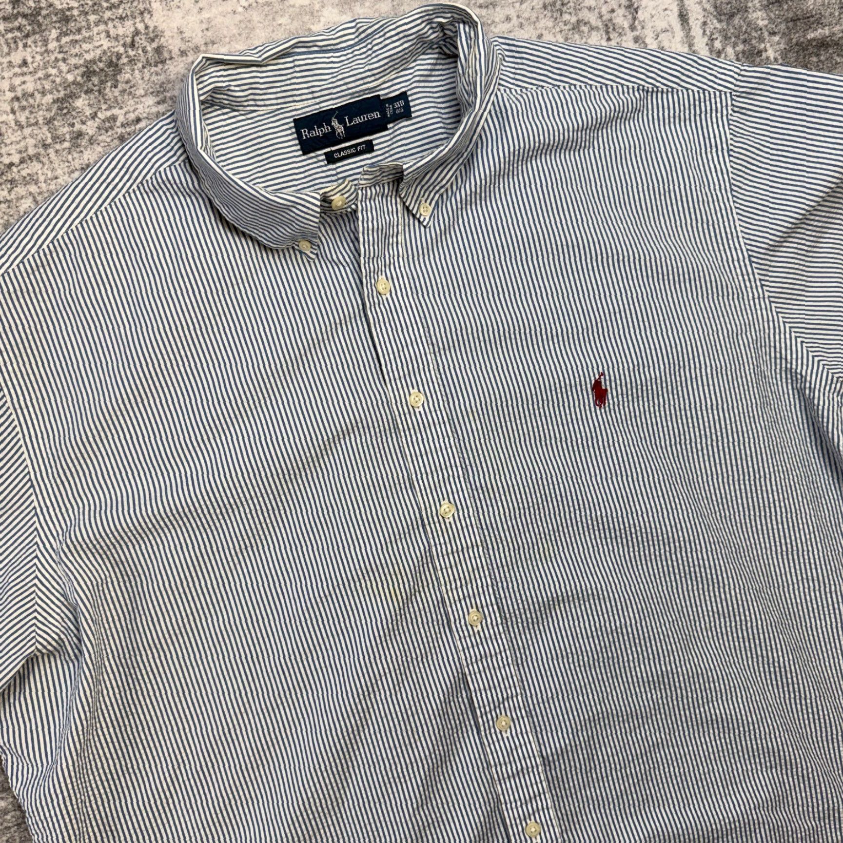 Polo Ralph Lauren VTG Polo Ralph Lauren Shirt Mens Big & Tall 3XB Seersucker Striped White Blue Cotton Button-Up Size US XXL / EU 58 / 5 - 2 Thumbnail