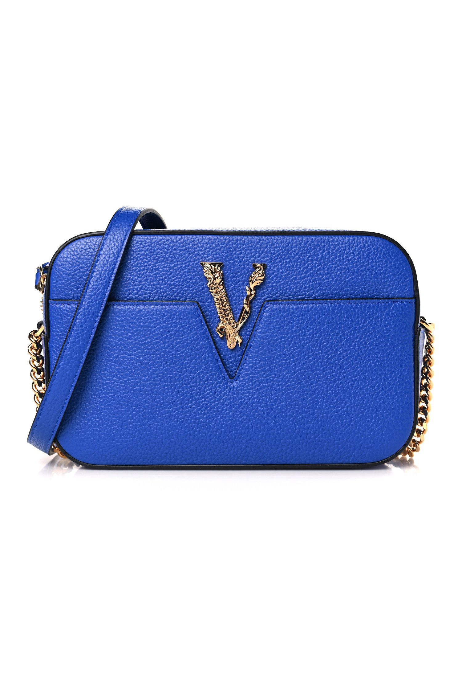 Versace Virtus Blue Barocco V Leather Crossbody Camera Bag, Women's