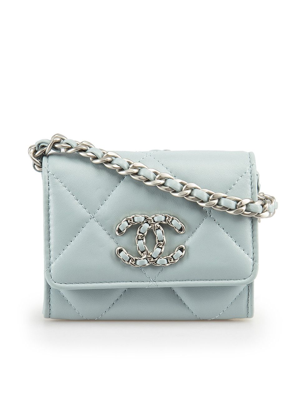 Blue Leather Chanel 19 Mini Chain Cardholder Wallet