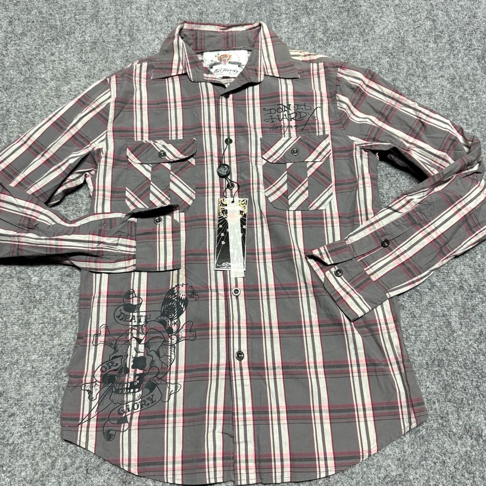 Ed Hardy Ed Hardy Shirt Mens S Gray Red Plaid Skull Born To Sin Christian Audigier NWT Size US S / EU 44-46 / 1 - 3 Thumbnail