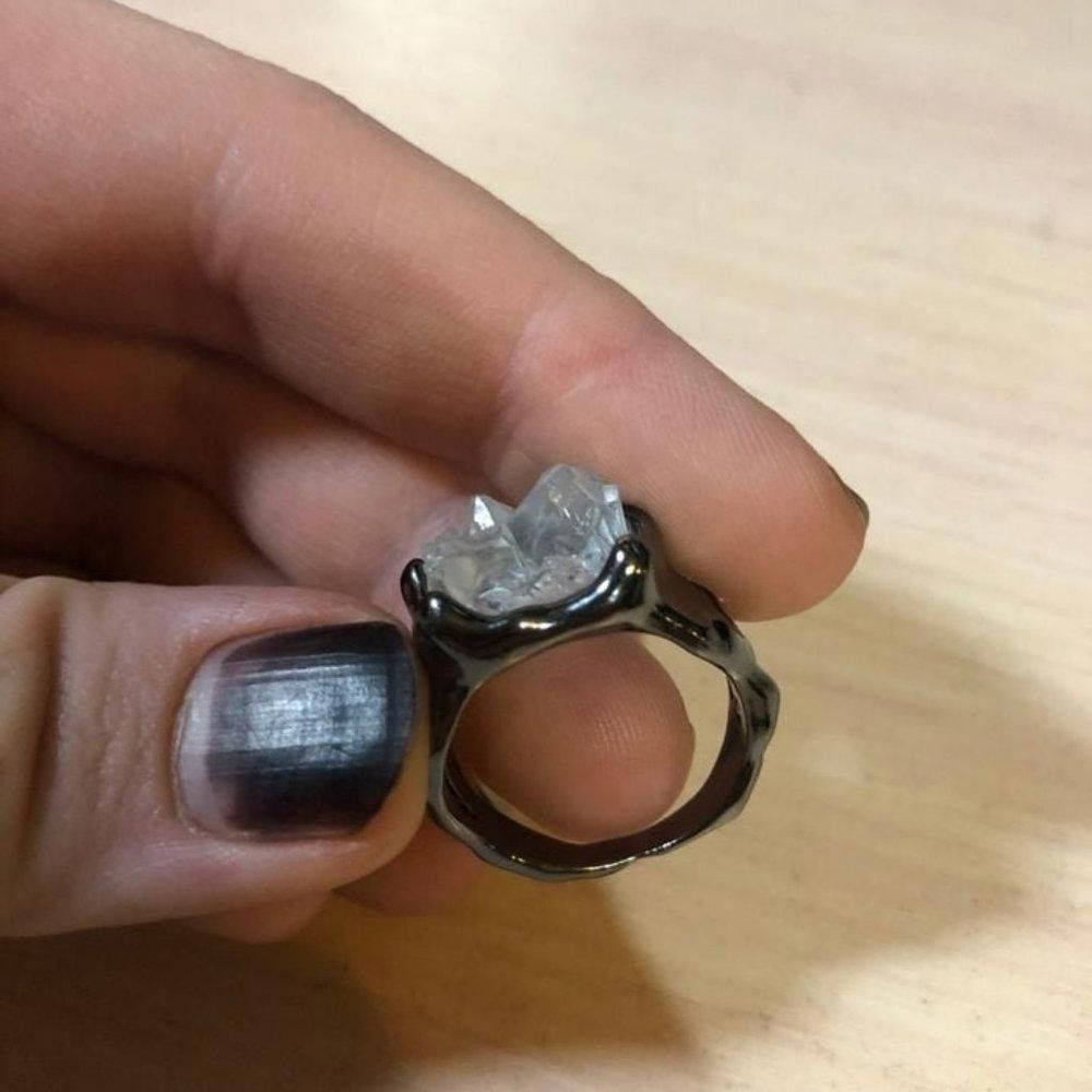 Designer 925 Sterling Silver Black Irregular White Rock Ring - Size 6 Size ONE SIZE - 6 Thumbnail