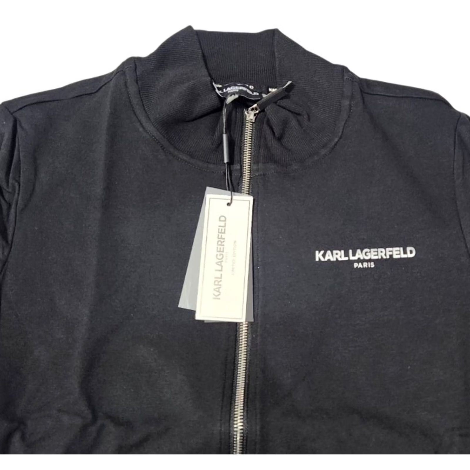 Karl Lagerfeld Karl Lagerfeld Paris Womens M Zip-Up Logo Tape Knit Jacket Black Metallic Silver Zip-up Jacket M Women Modern Logo Tape Knit Jacket Size M / US 6-8 / IT 42-44 - 3 Thumbnail