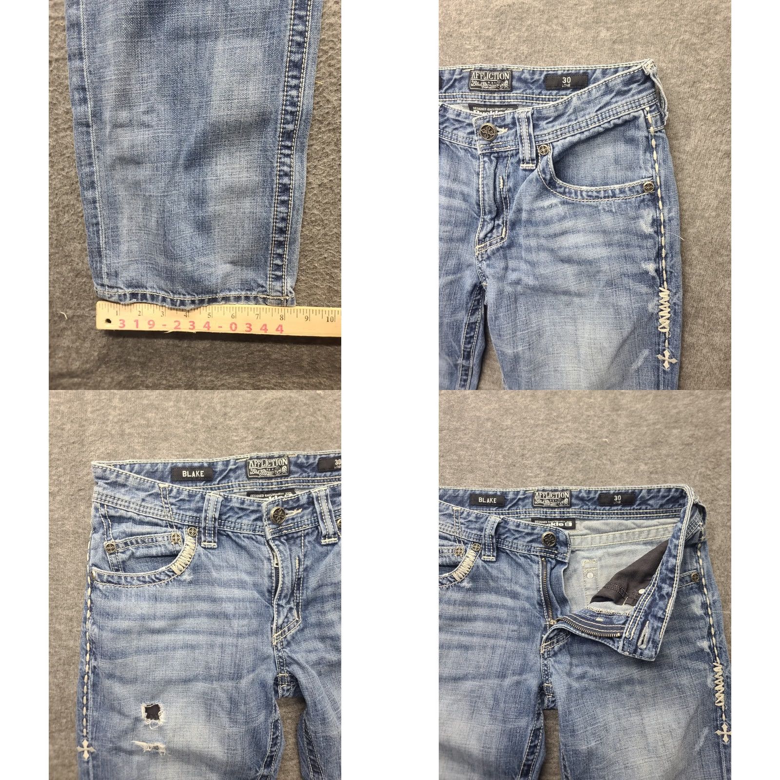 Affliction Affliction Jeans Mens 30x34 Blake Slim Straight Leg Distressed Rock Denim Blue Cotton Stretch Pockets Jeans Boys? Size US 30 / EU 46 - 8 Thumbnail