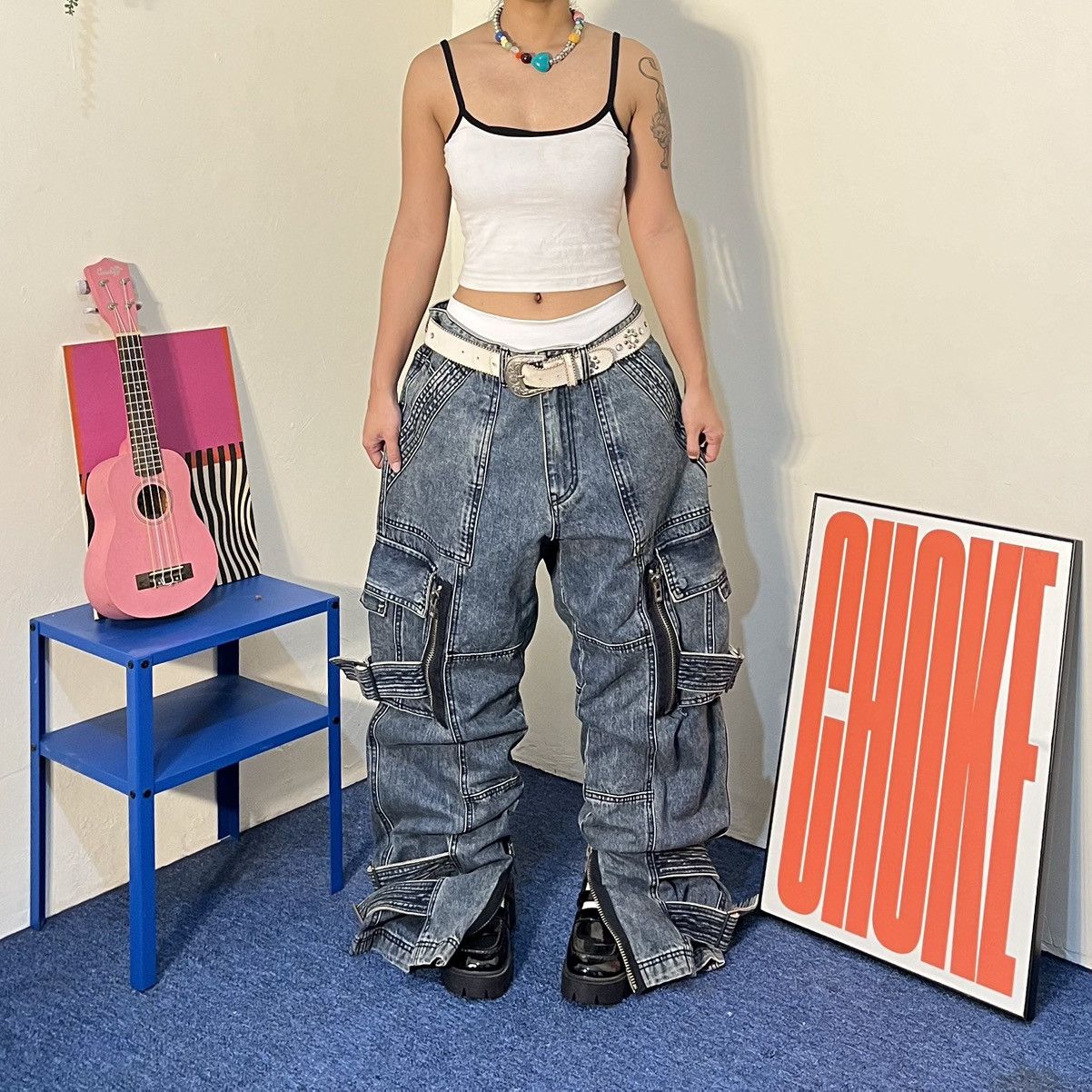 Vtg denim cargo pants grunge style