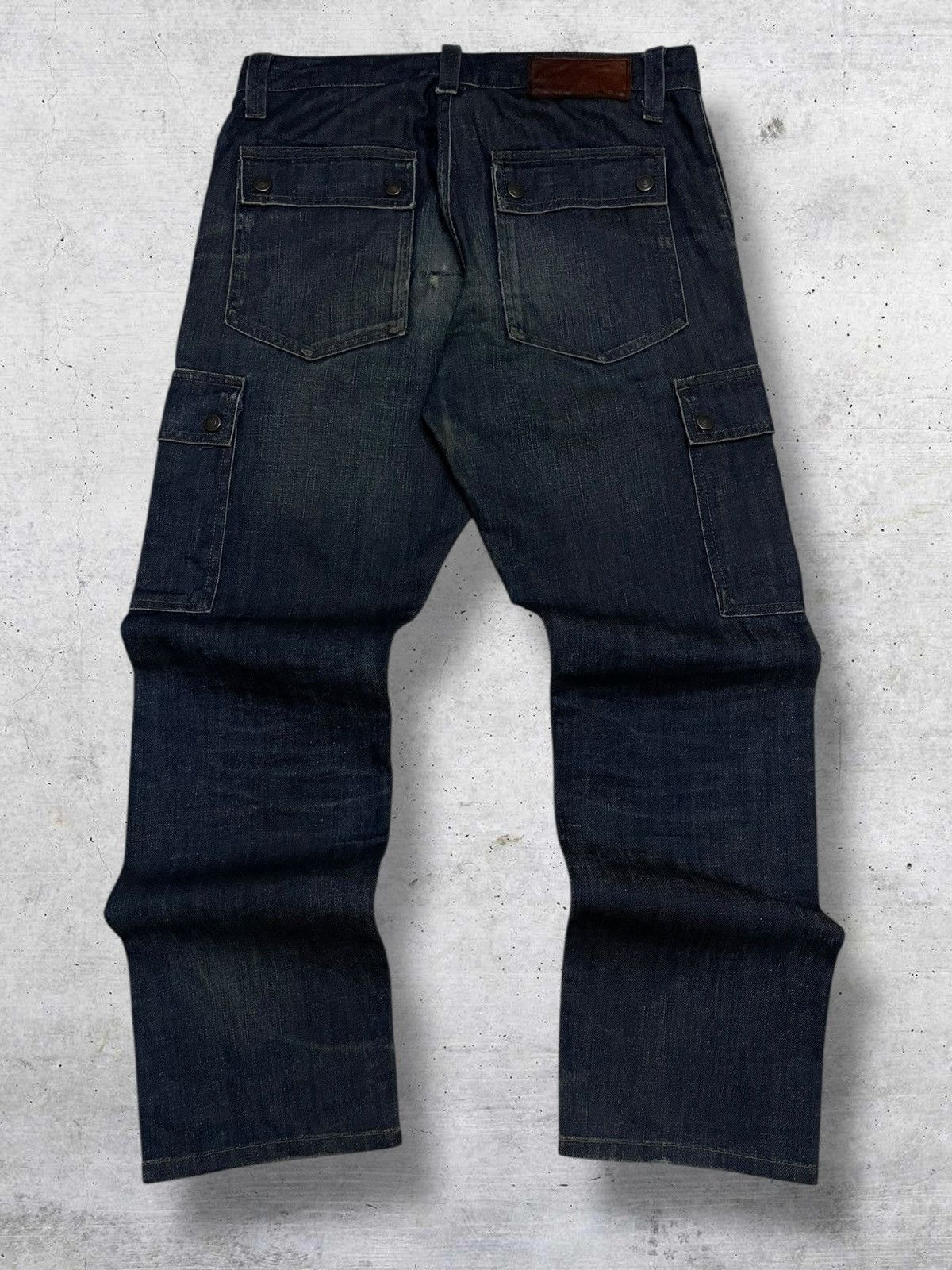 VINTAGE BACK NUMBER JAPAN DESIGNER INDIGO CARGO DENIM 90S OG