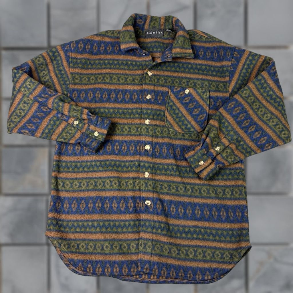 Anchor Blue VINTAGE Anchor Blue Shirt Mens L Green Geometric Fleece 90s Hipster Grunge Aztec Button Long Sleeve Size US L / EU 52-54 / 3 - 1 Thumbnail