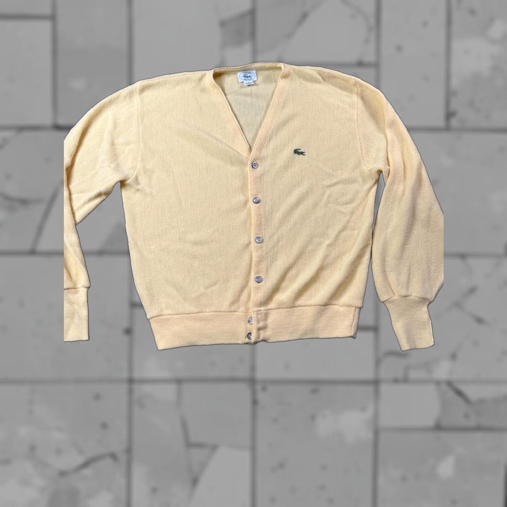 VINTAGE Izod Lacoste Cardigan Sweater Mens Large Yellow V Neck Knit USA Croc