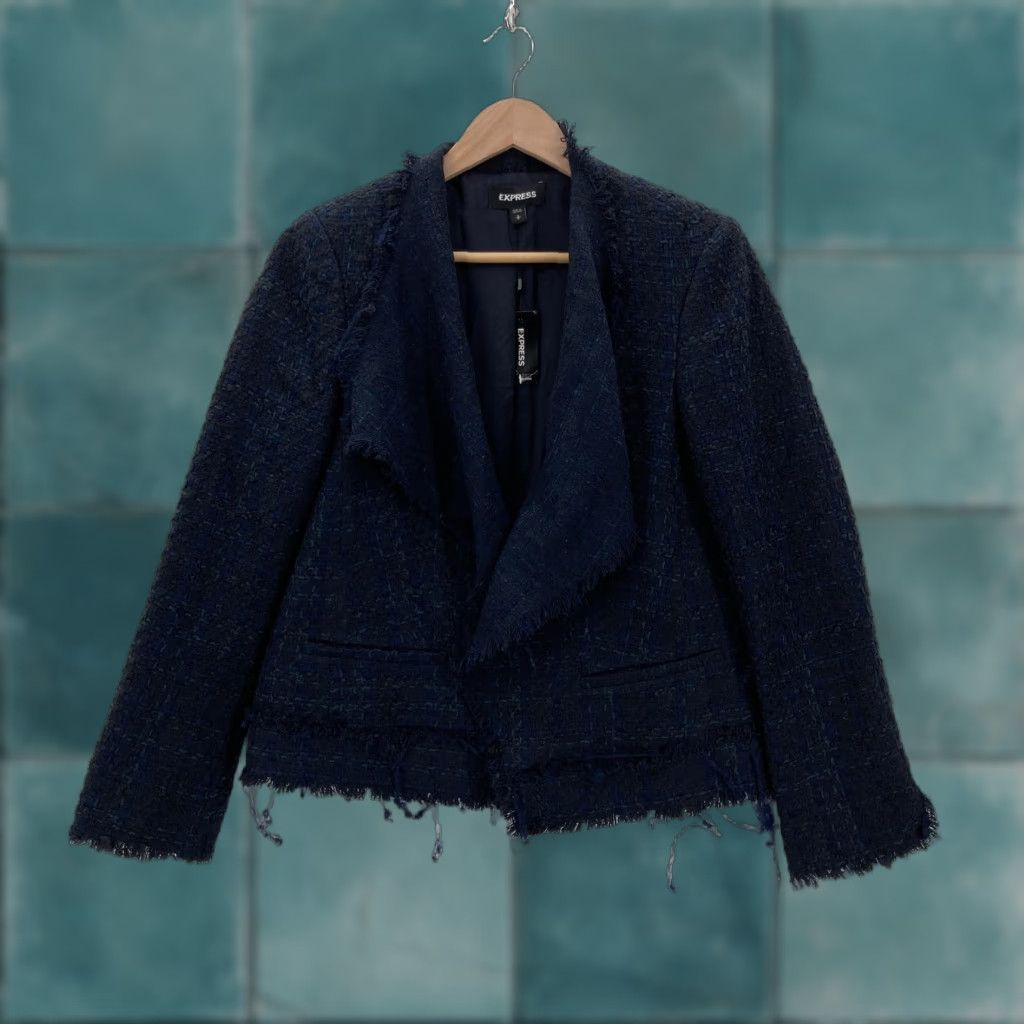 Express VINTAGE Express Blazer Womens Small Navy Blue Tweed Boucle Fringe Open Front Jacket NWT Size S / US 4 / IT 40 - 1 Thumbnail