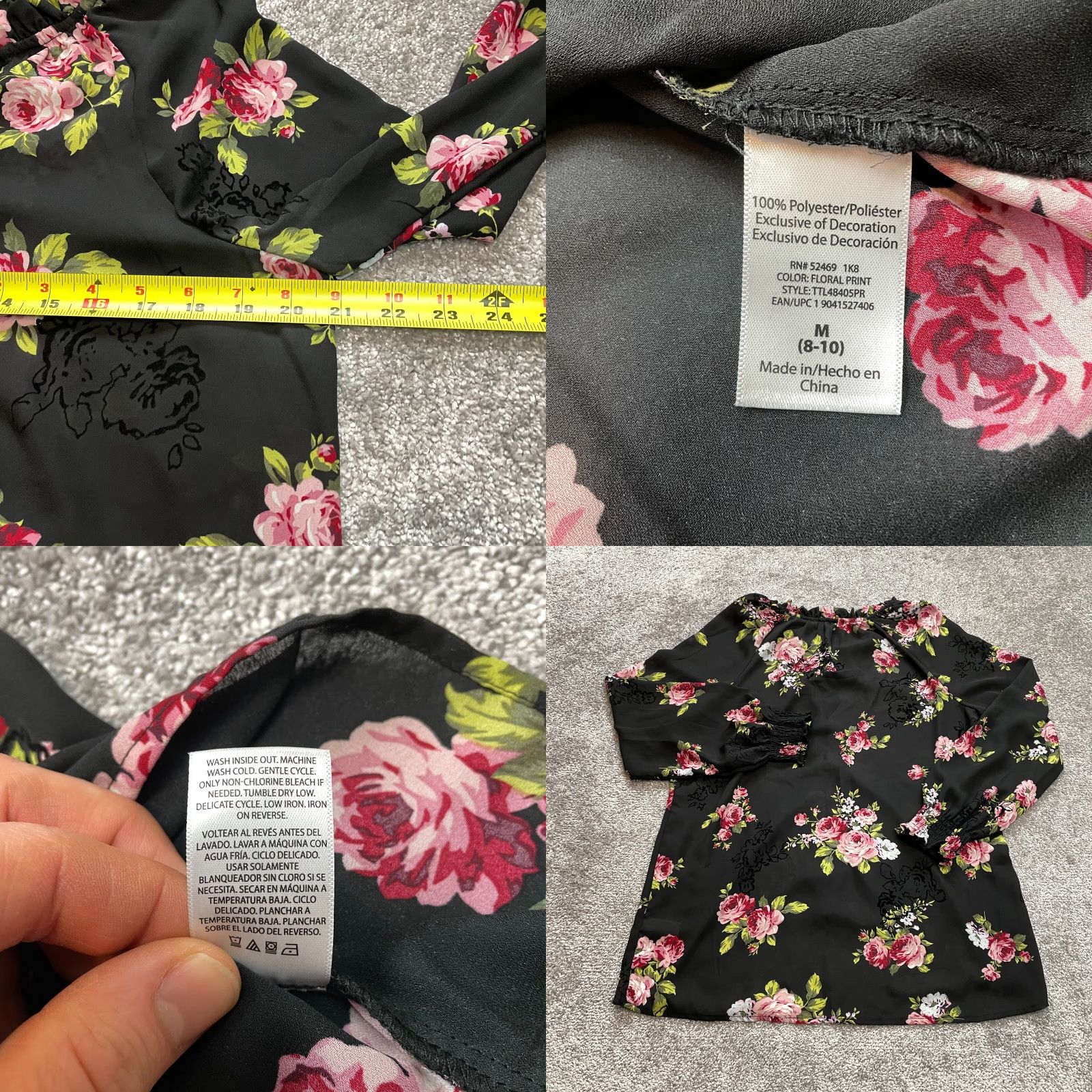 Vintage Time & True Blouse Shirt Womens Medium 8-10 Black Floral Long Sleeve Stretch Top Size M / US 6-8 / IT 42-44 - 8 Thumbnail