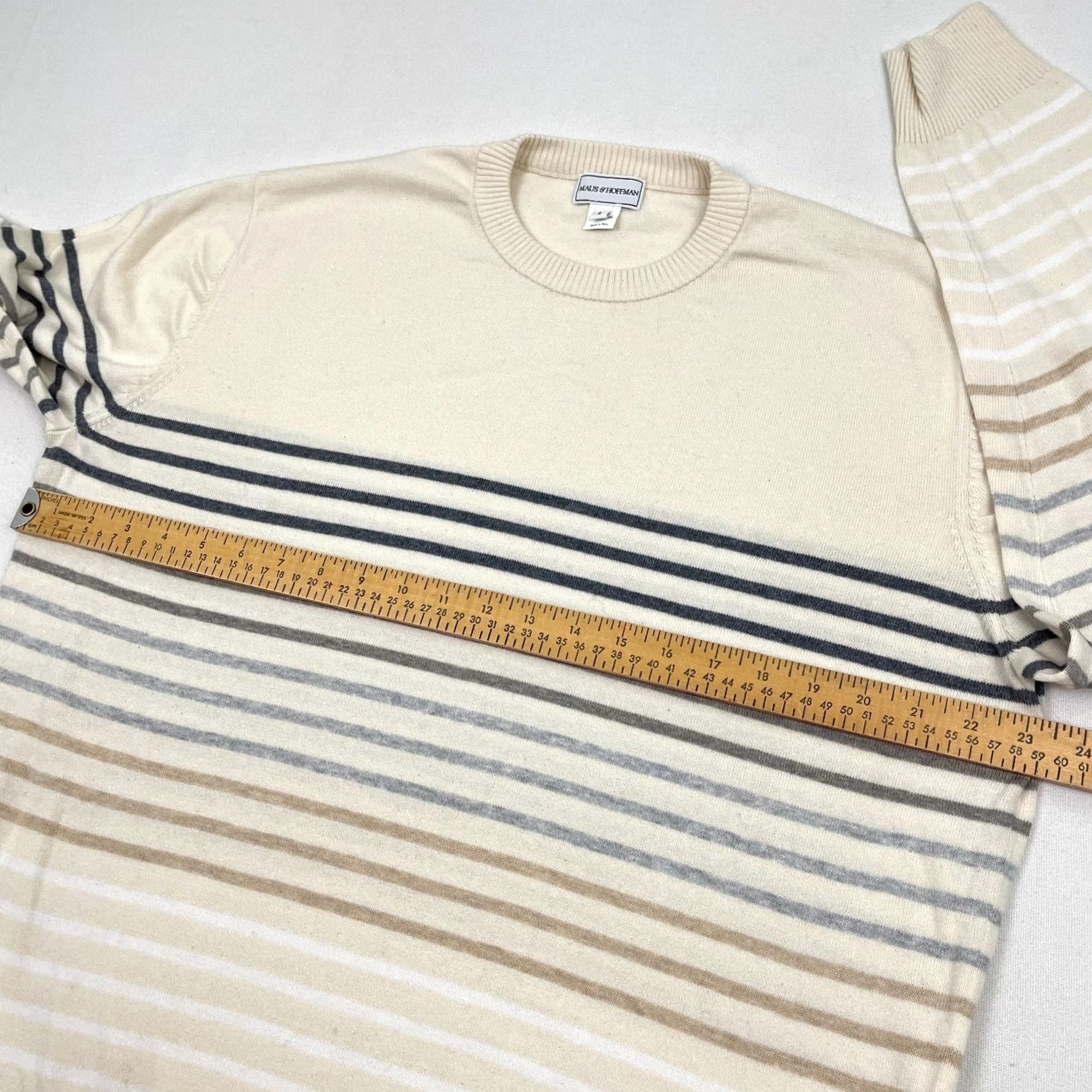 Vintage Maus & Hoffman Sweater Mens L Ivory Striped Pima Cotton Knit Crewneck Smart Prep Vintage? No Size US L / EU 52-54 / 3 - 5 Thumbnail