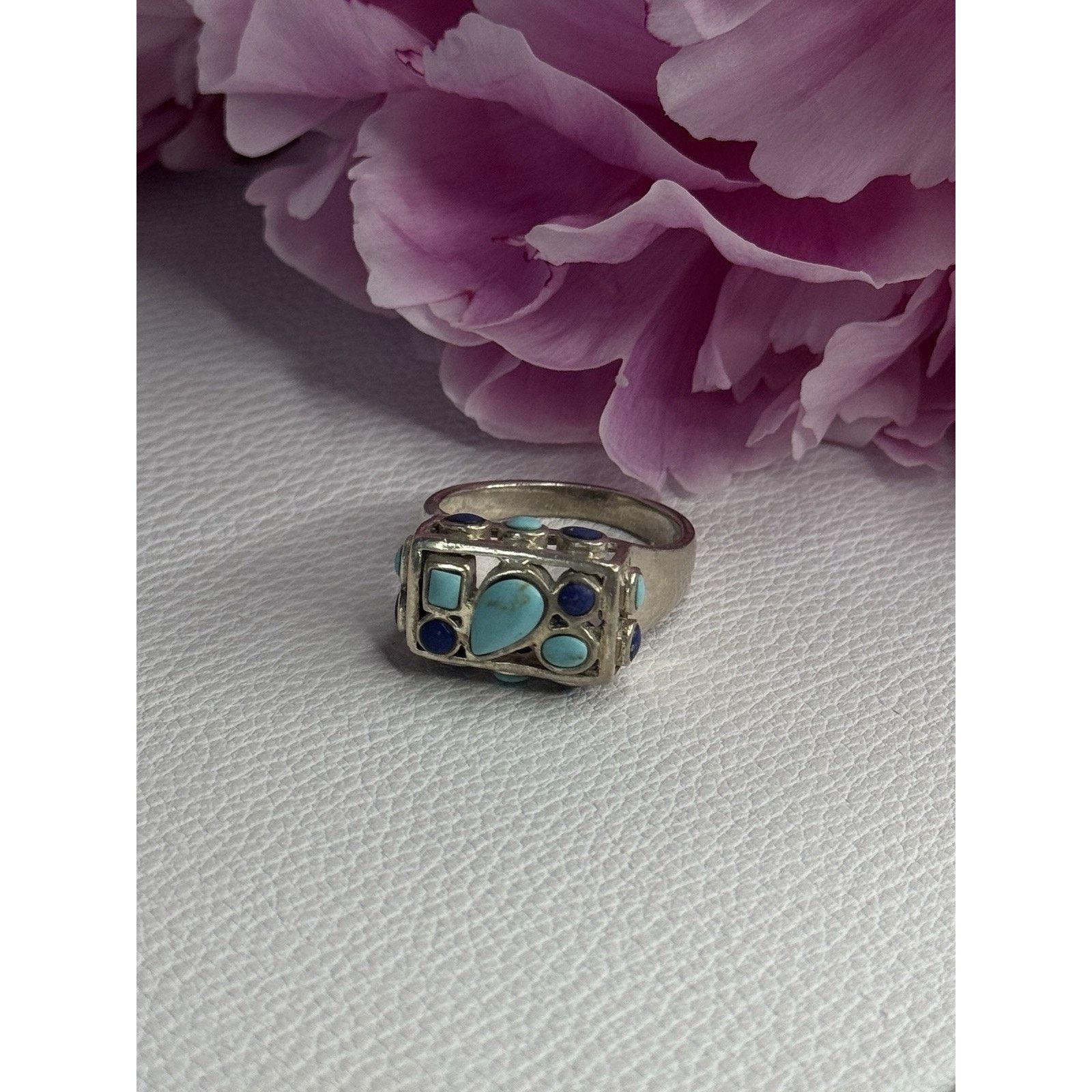 Jewelry 925 STERLING SILVER TURQUOISE & SODALITE RING SIZE 7.5 Size ONE SIZE - 2 Thumbnail