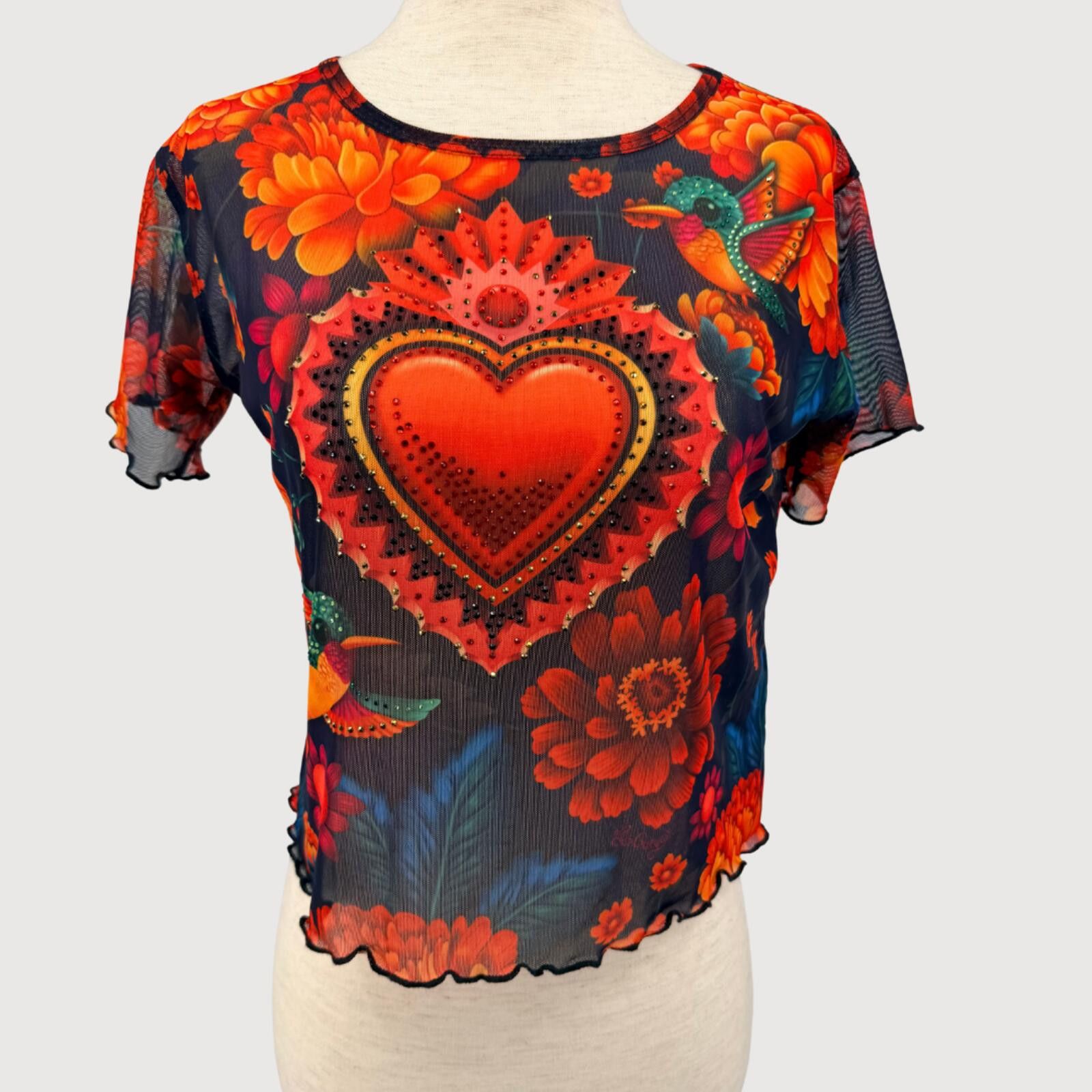 Other iAY GÜEY Y2K Sacred Heart Rhinestone Mesh Crop Top S Size S / US 4 / IT 40 - 1 Thumbnail