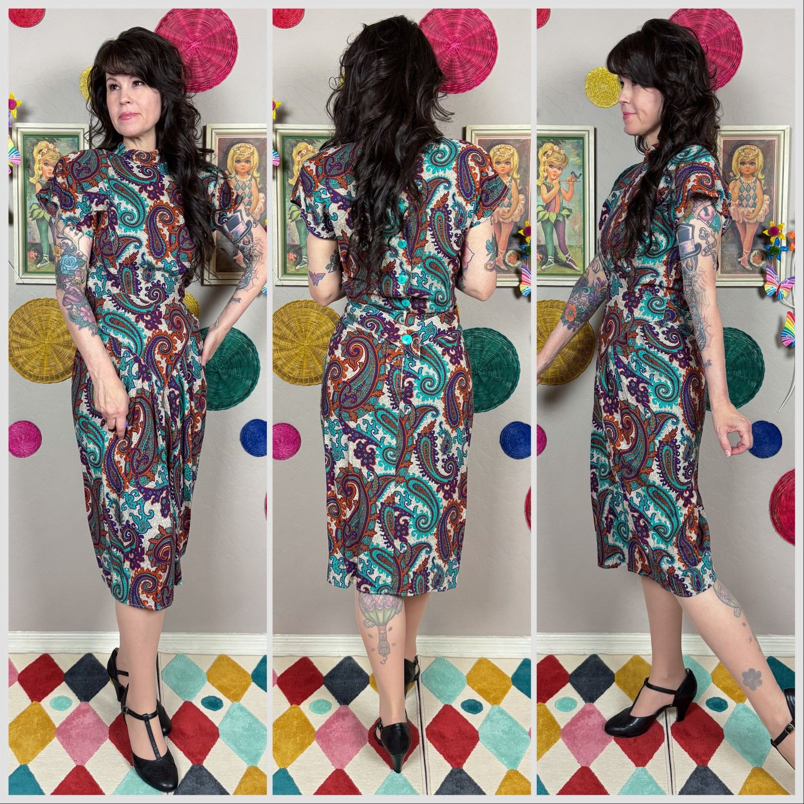 Vintage Vintage 1980s Paisley Print Short Sleeve Back Button Dress Size XS / US 0-2 / IT 36-38 - 2 Thumbnail