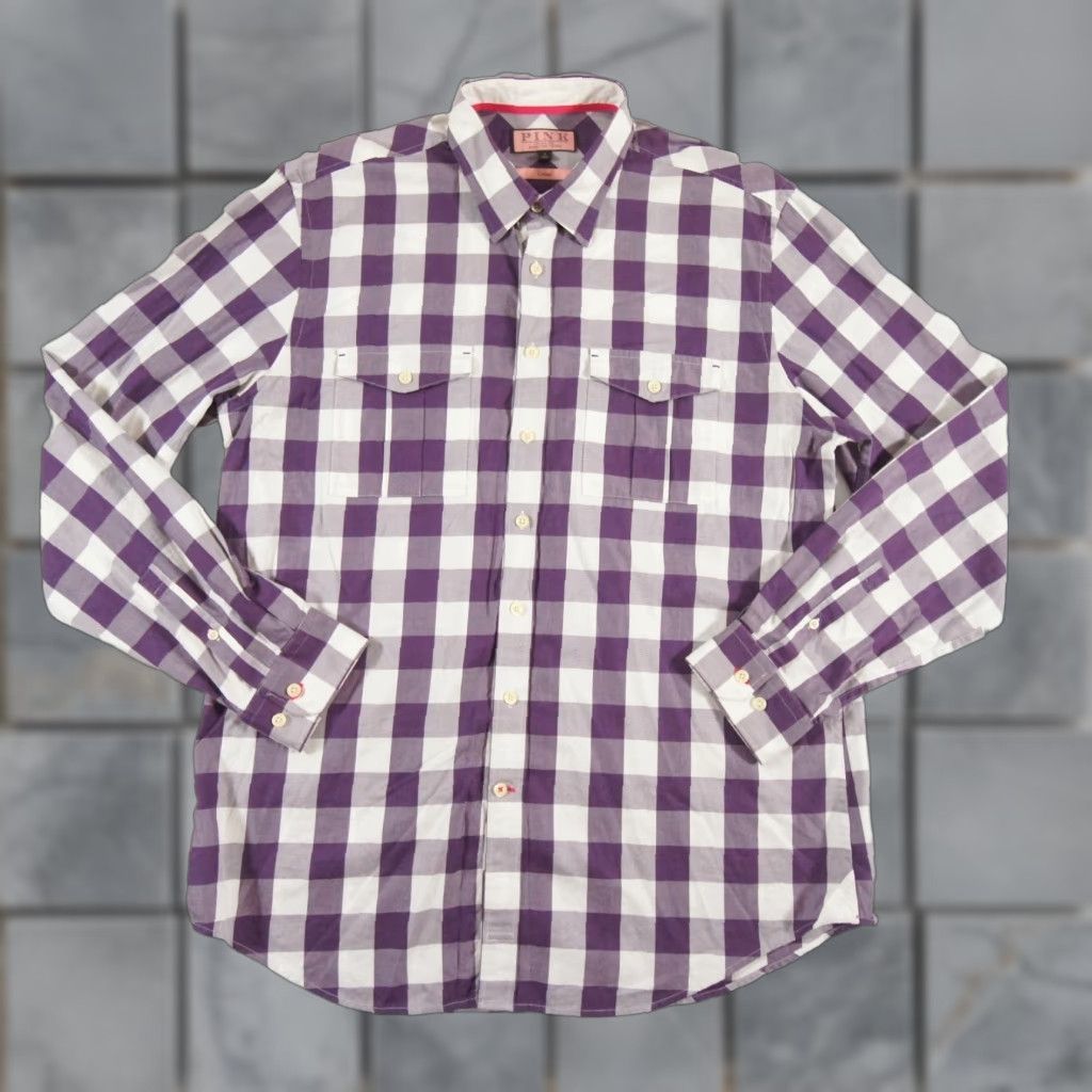 Pinko Thomas Pink Shirt Large Purple Plaid Button-Up Long Sleeve Cotton Mens Size US L / EU 52-54 / 3 - 1 Thumbnail