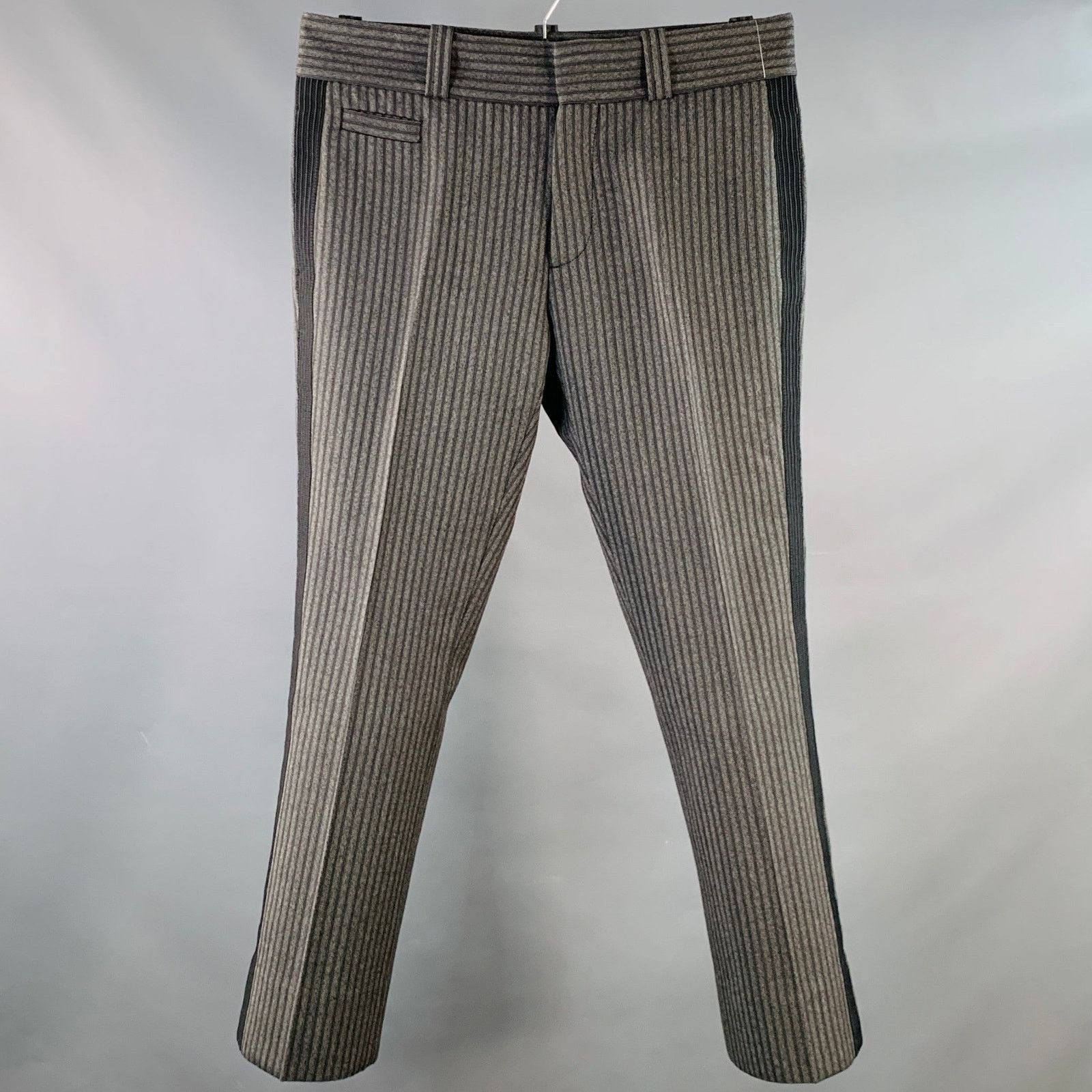 Size 34 Black Grey Stripe Virgin Wool Straight Dress Pants