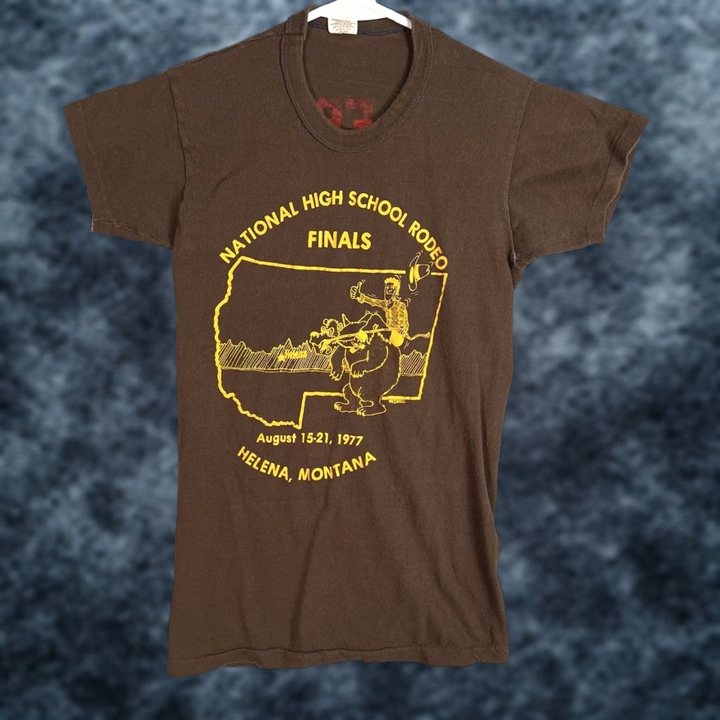 Russell Athletic VINTAGE Russell Athletic 70s High School Rodeo Barrel Racer Graphic Tee Adult Large Brown Unisex Size US L / EU 52-54 / 3 - 1 Thumbnail