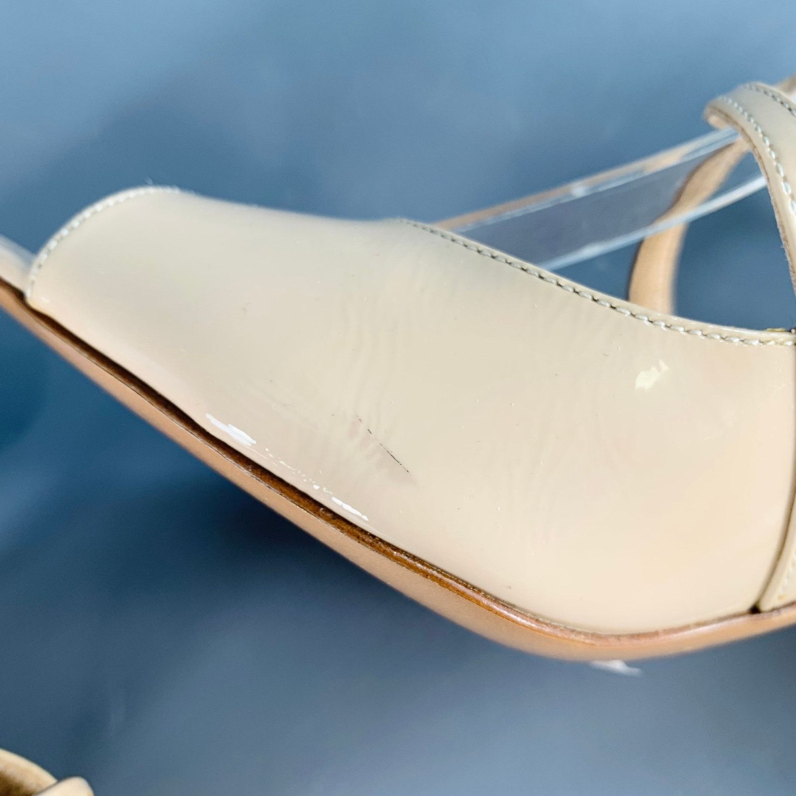 Beige Nude Patent Leather Peep Toe Strappy Sandals