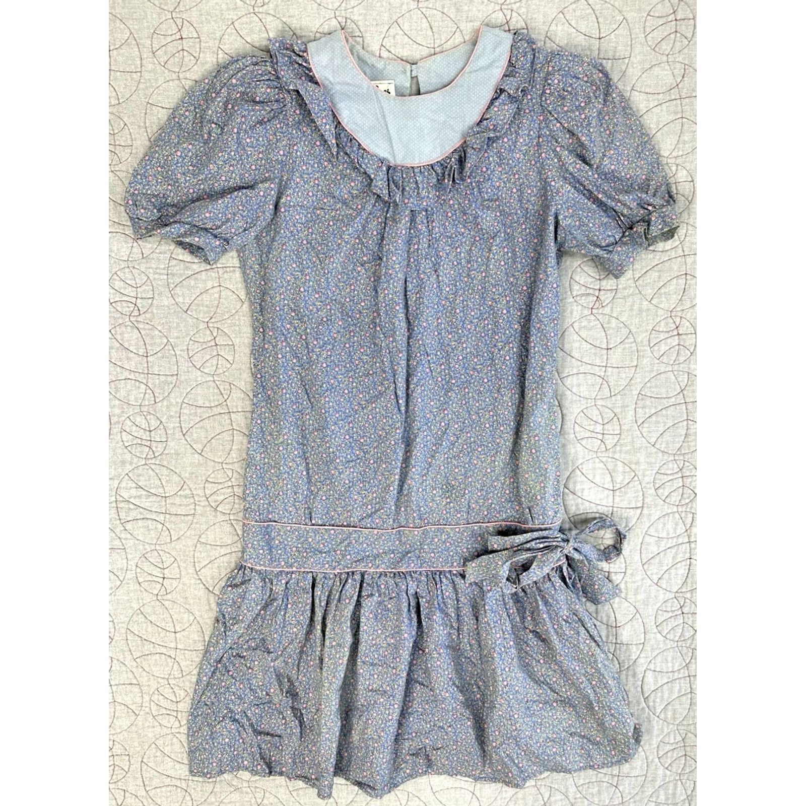 Vintage VTG 80s Byer Too! Floral Prairie Dress Puff Sleeves Drop Waist Ruffle Collar 11 Size S / US 4 / IT 40 - 3 Thumbnail