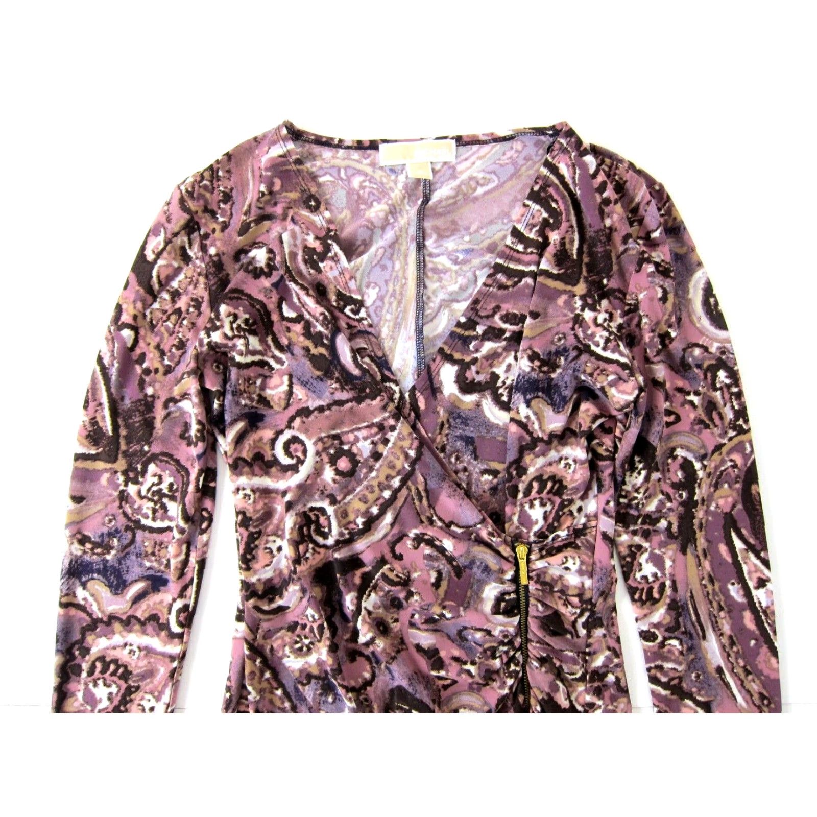 Michael Kors Michael Kors Pink Purple Long Sleeve V-Neck Stretch Wrap Dress 6 Women Dress Knit Geometric Pattern, 80s 90s Theme, Regular Size Size M / US 6-8 / IT 42-44 - 4 Thumbnail