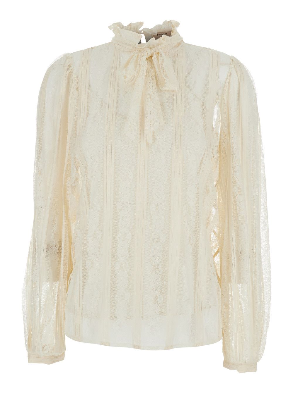 TWINSET White Shirt with Lace Design and Knot at the Neck in Cotton Blend for Women Size M / US 6-8 / IT 42-44 - 1 Thumbnail