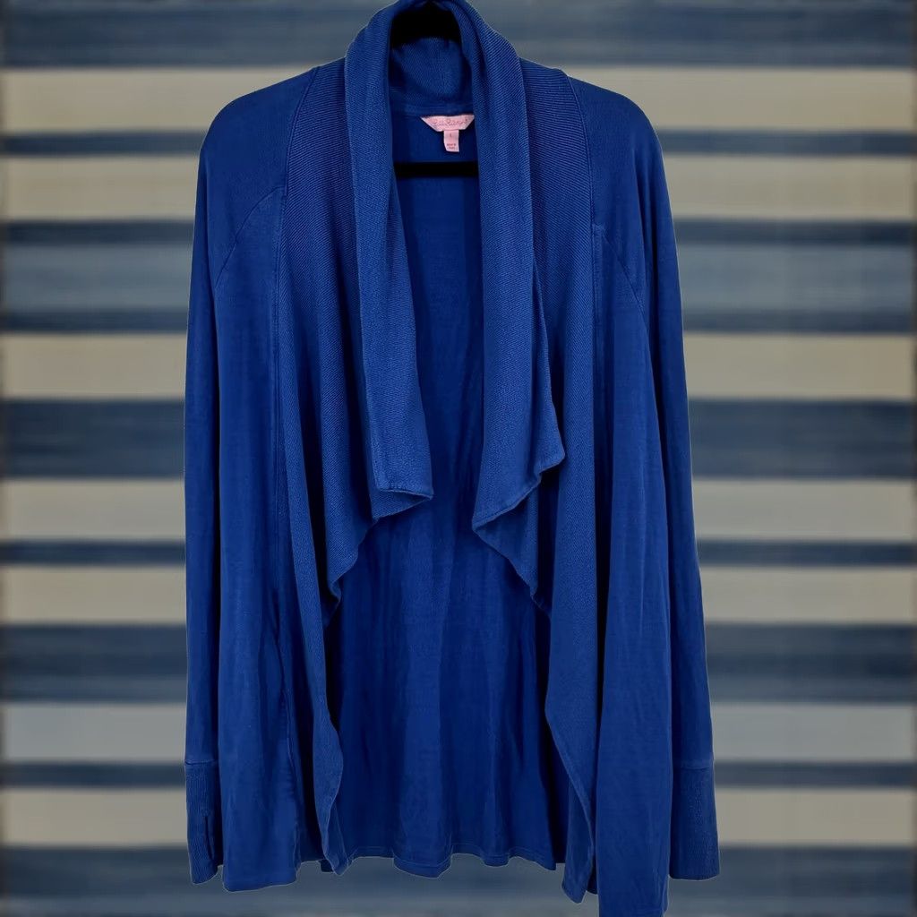 Lilly Pulitzer Lilly Pulitzer Cardigan Sweater Blue Drape Front Womens Size L Modal Spandex Knit Logo Raglan Sleeve Long Sleeve Cowl Neck Open Breathable Relaxed Fit Size L / US 10 / IT 46 - 1 Thumbnail