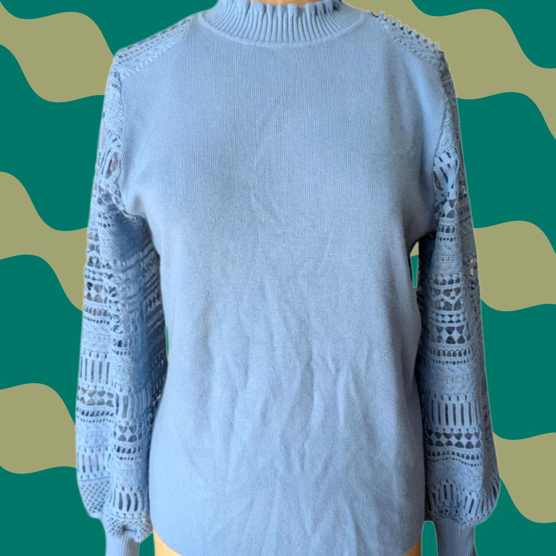 Vintage Sioni Light Blue Mock Neck Sweater Sz M Women Shirt Pullover Balloon Sleeve Crochet Mixed Media Blue 90s? Size M / US 6-8 / IT 42-44 - 1 Thumbnail