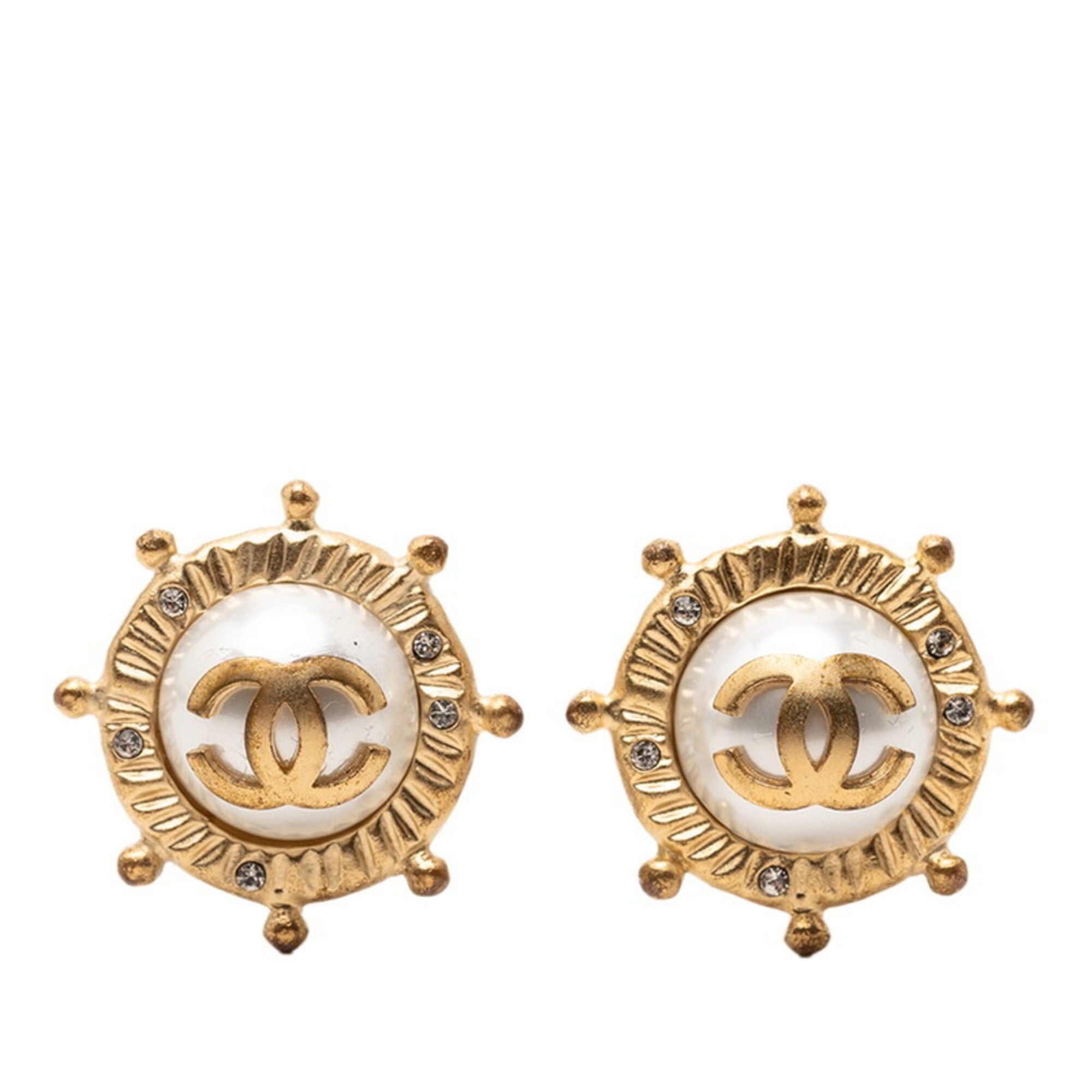 Chanel Chanel Coco Mark Rhinestone Earrings, Gold Plated, Faux Pearl, Women's CHANEL Size ONE SIZE - 1 Thumbnail