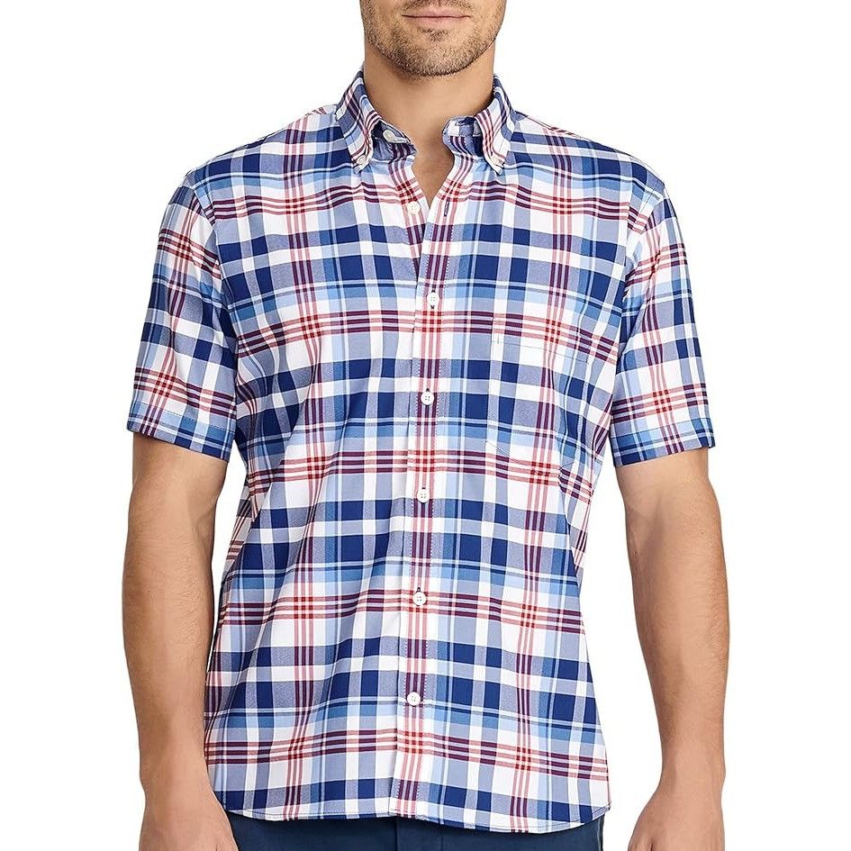 Izod Izod Mens Blue White Red Plaid Short Sleeve Button Down Poly Size US S / EU 44-46 / 1 - 9 Thumbnail