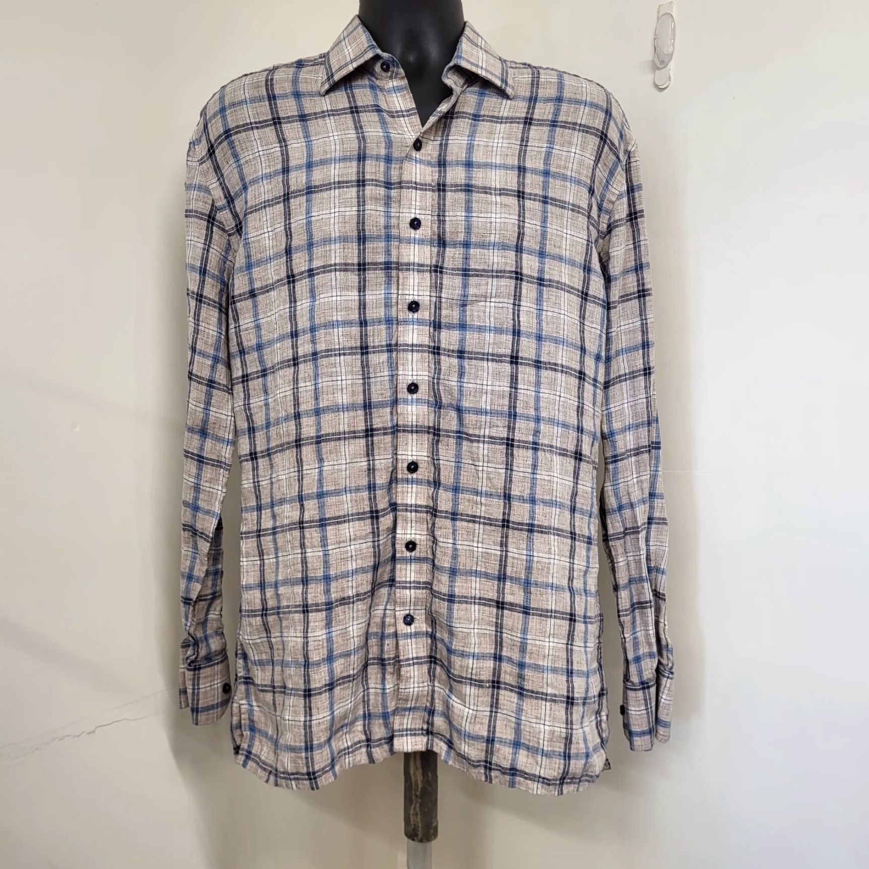 Vintage J. Hilburn Shirt Men's Size L Blue/Tan 100% Linen Button Up Long Sleeve Casual Size US L / EU 52-54 / 3 - 2 Thumbnail