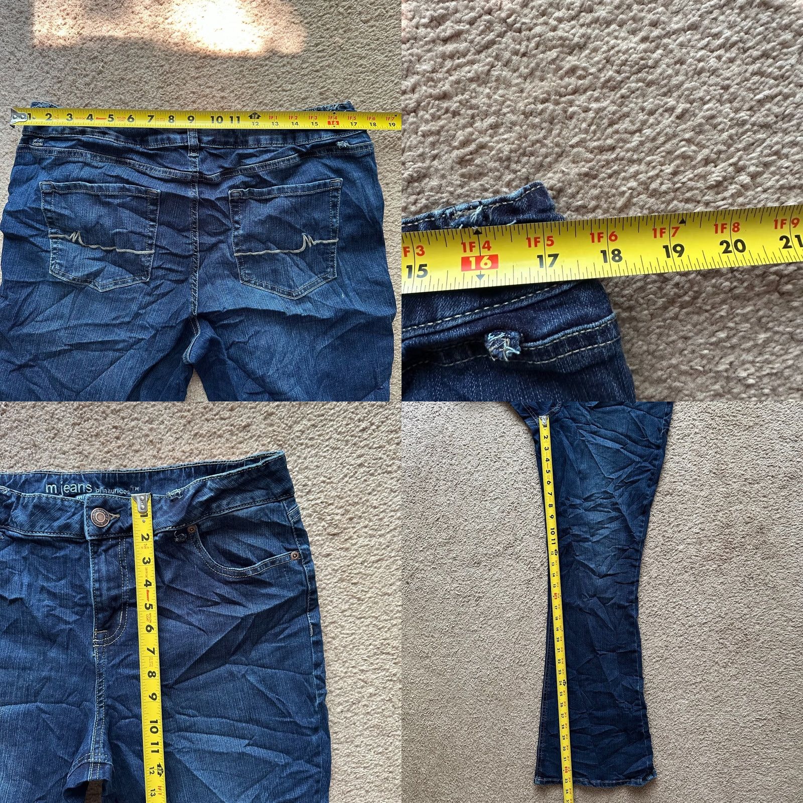 Denime M Jeans Womens 16 Long (36x33) Mid Rise Bootcut Jeans Blue Dark Wash Missing Belt Loops Size 38" / US 16 / IT 52 - 8 Thumbnail