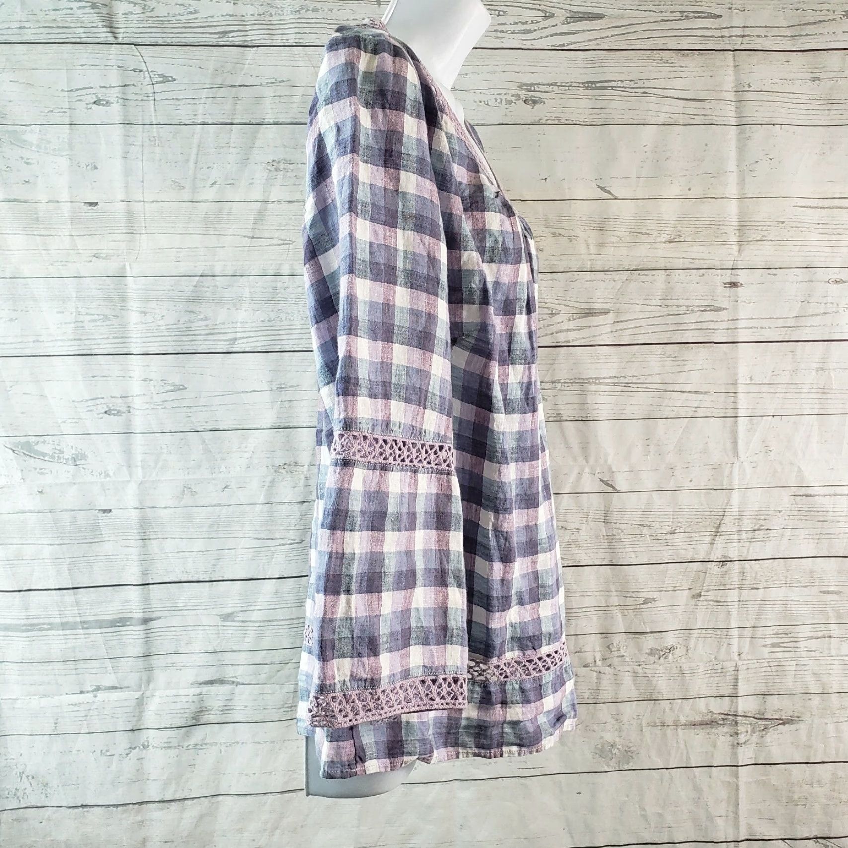 Vintage Chico's Womens Linen Top Sz Medium Purple Blue Checks Crochet Lace Shirt Womens 90s Vintage? Size M / US 6-8 / IT 42-44 - 3 Thumbnail