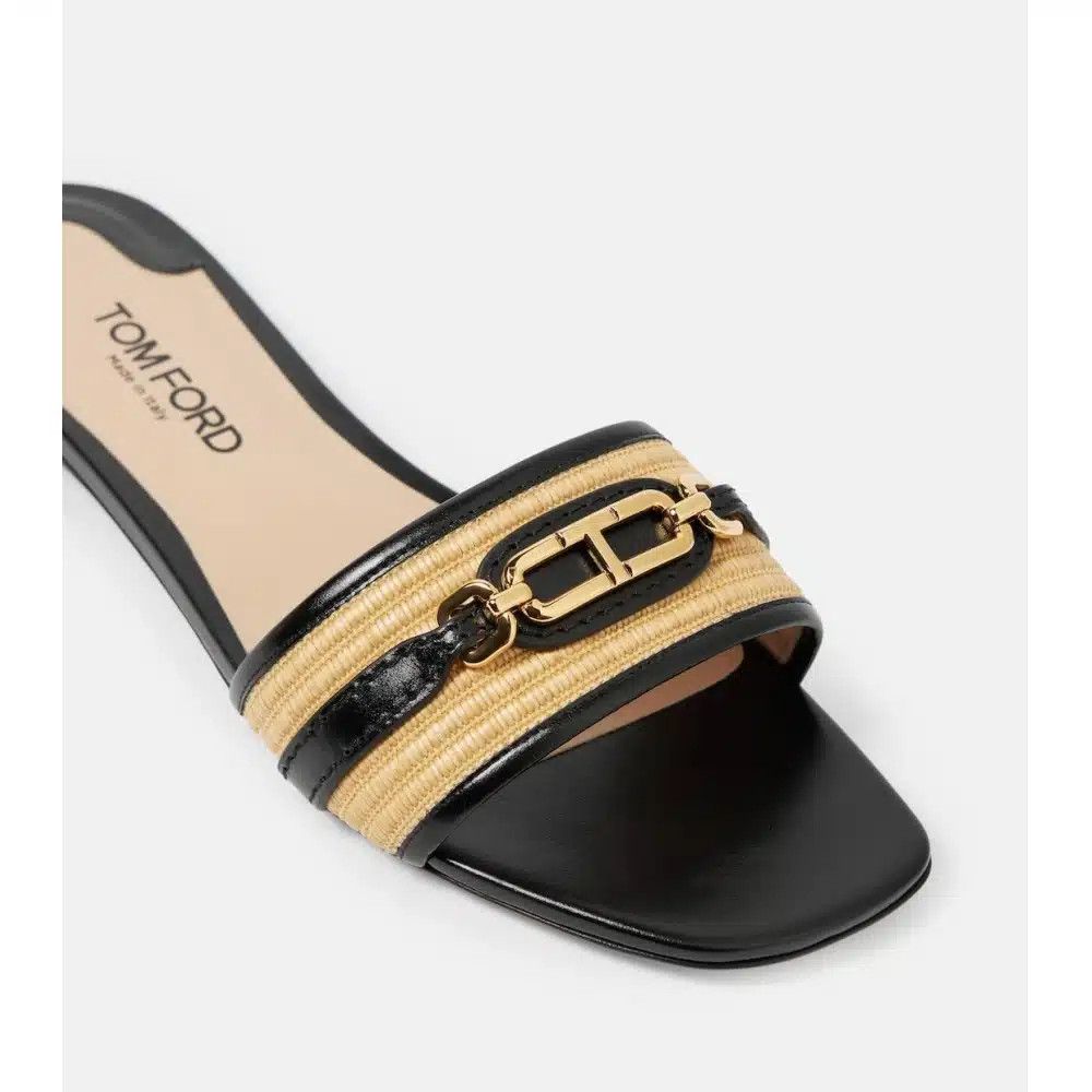Tom Ford o1loc1c0925 W3523 Leather & Raffia Slides in Black/Beige Size US 9 / IT 39 - 3 Thumbnail