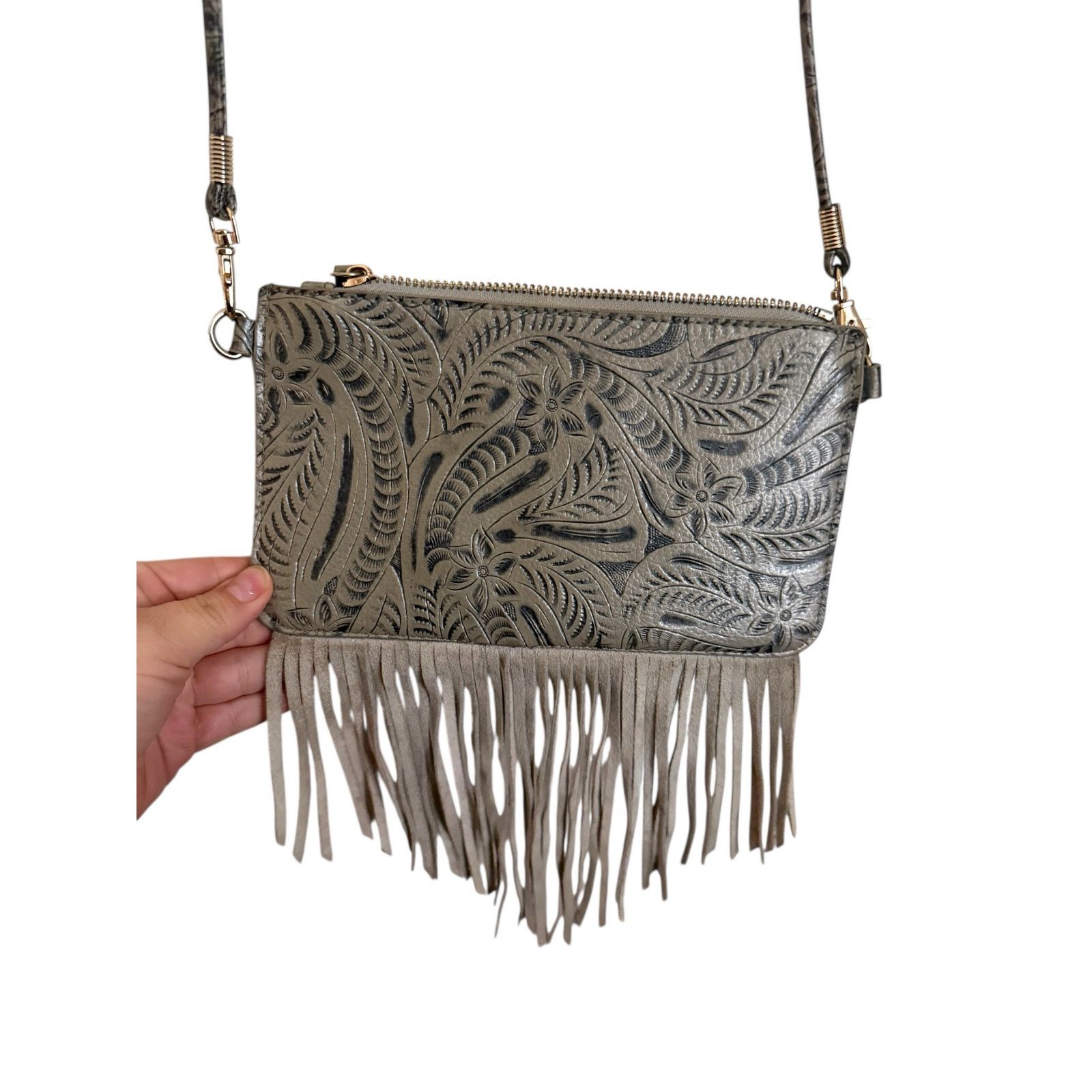 Free People Free People Gray Fringe Crossbody Bag Embossed Leaf Design Size ONE SIZE - 2 Thumbnail