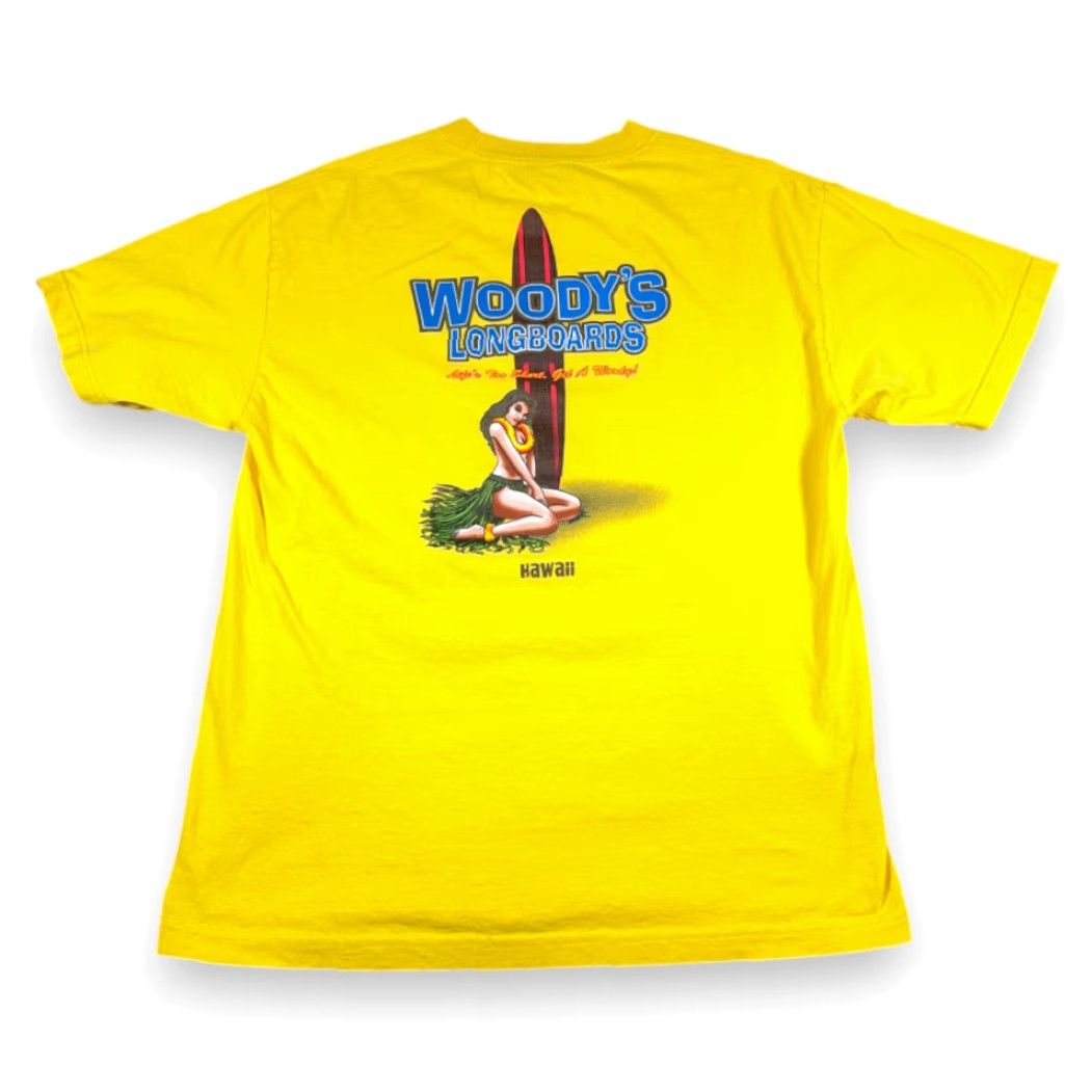 AAA Woodys Longboards Shirt Adult LARGE Yellow Hawaii Surfing Hula Girl Funny Y2K Size US L / EU 52-54 / 3 - 2 Thumbnail