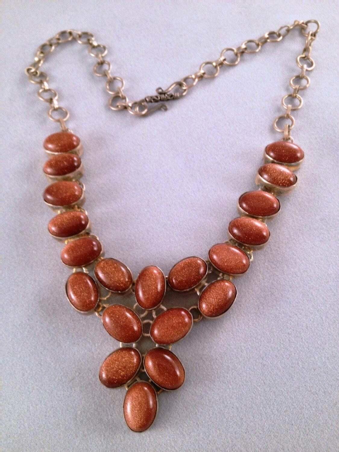 Designer Sterling and Bezel Set Orange Goldstone Cabochon Necklace Size ONE SIZE - 1 Thumbnail