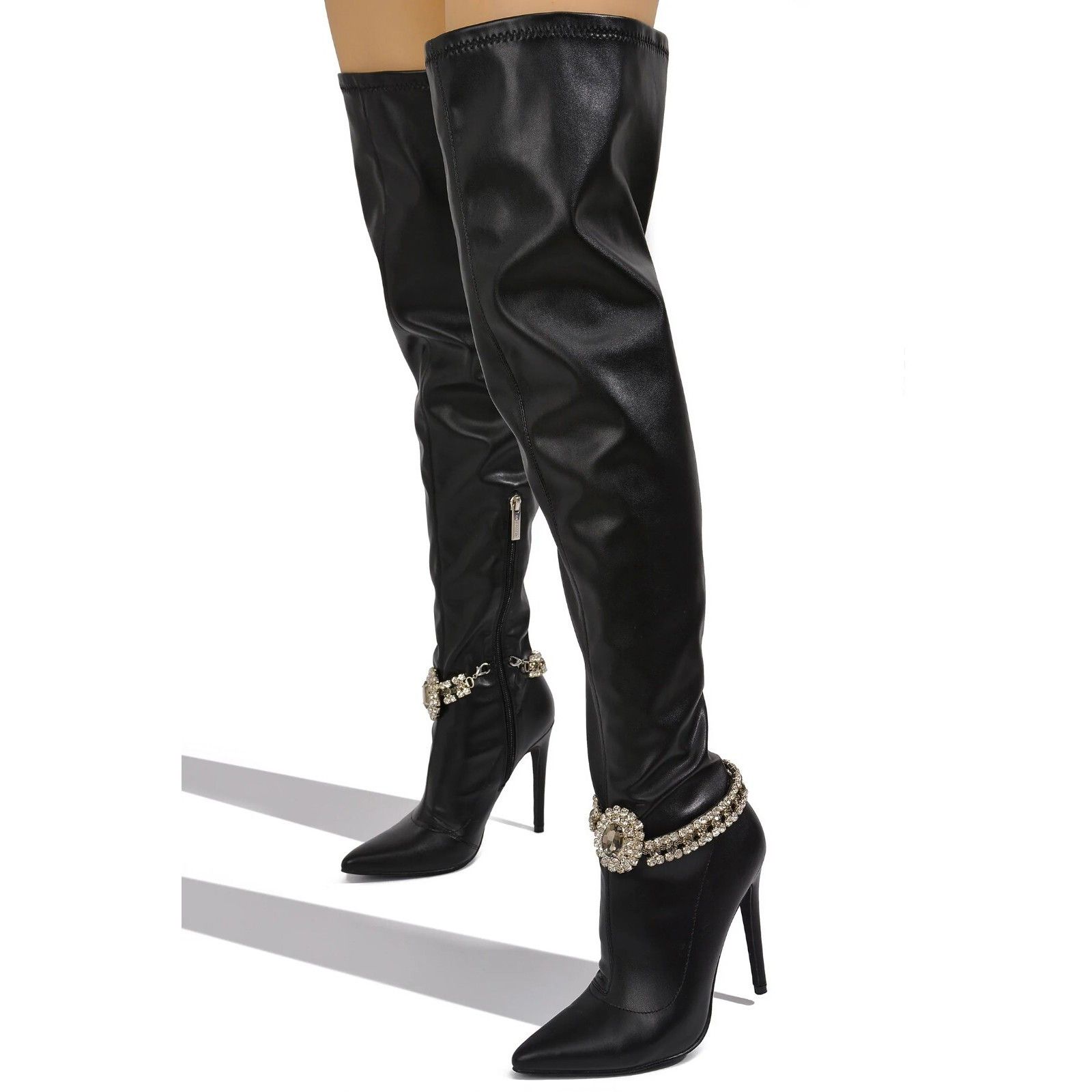 Other Lawless Black Stretch Leatherette Rhinestone Ankle Bracelet Size US 8.5 / IT 38.5 - 3 Thumbnail