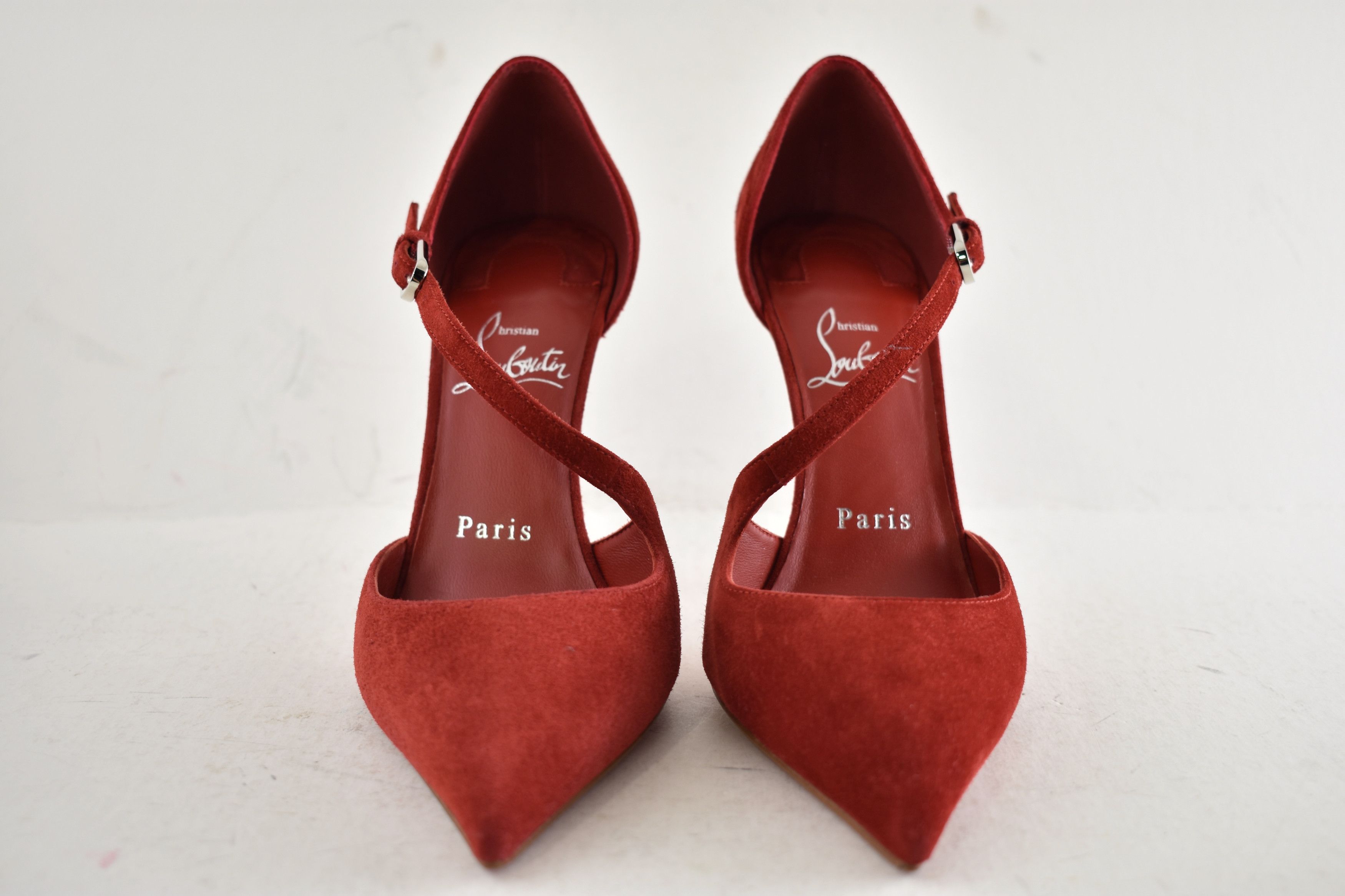 Christian Louboutin Miss Ziggyta 100 Fever Red Suede Cross Strap Heel Pump 36.5 Size US 6.5 / IT 36.5 - 9 Thumbnail