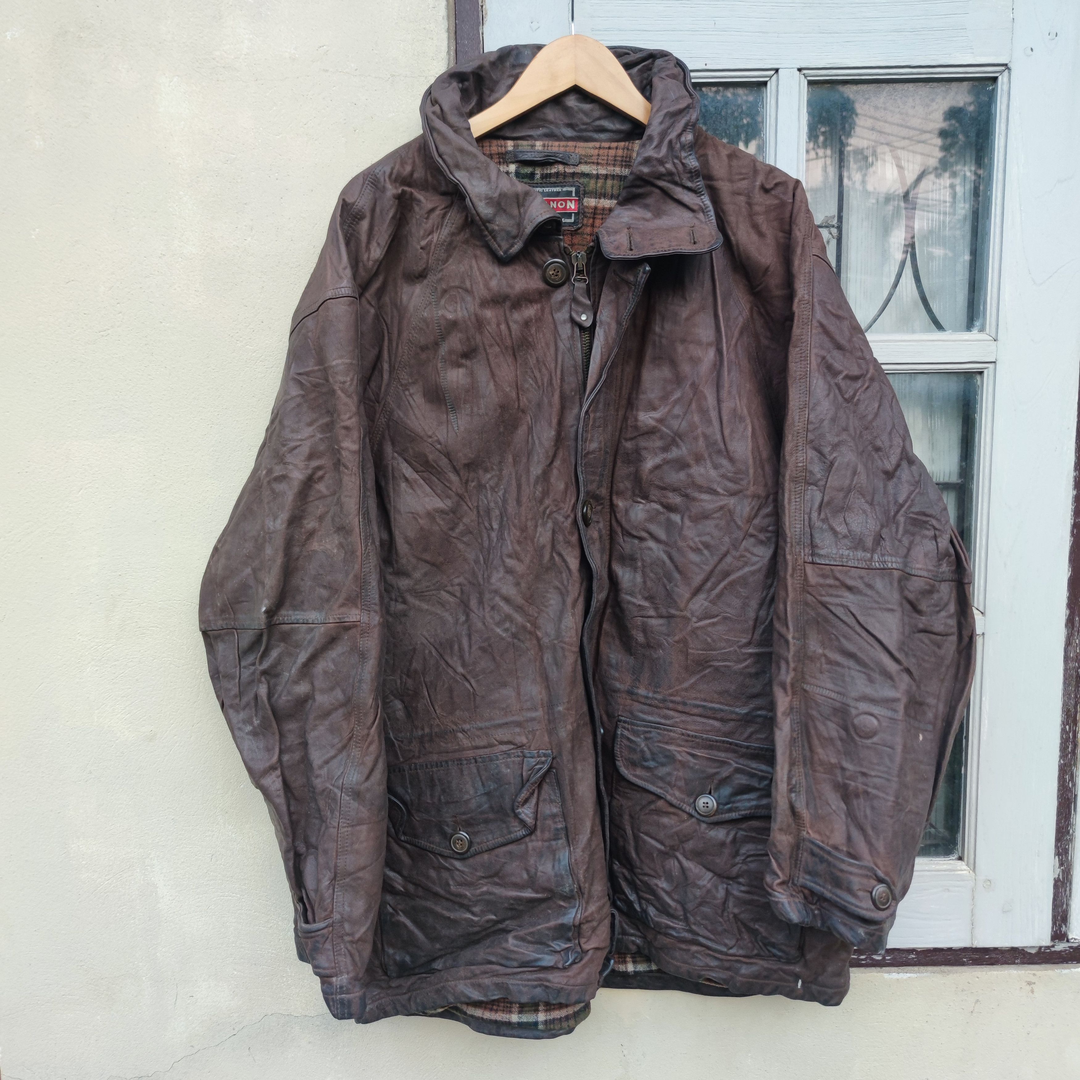 image of Chevignon Calfskin Leather Plaid Tartan Lined Jacket in Dark Brown, Men's (Size 2XL)
